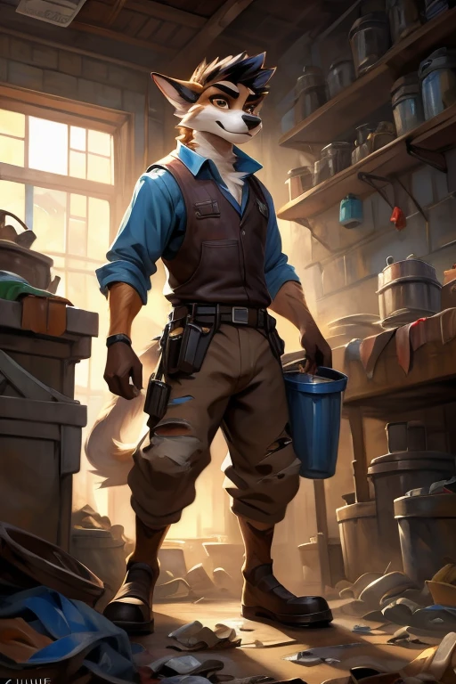 hi-res, good graphics, great anatomy, anatomically correct, digital art, detailed body. Male, Race/Species: Anthro Fox Sheep hybrid, Clothing: Torn and burnt clothes, Occupation: Trash collector/Shopkeeper, Living in the sewers. (artists: chunie, xnirox, Pixar, LAIKA, Studio Ghibli, Todex, T_Y_stars), oil painting, watercolor render