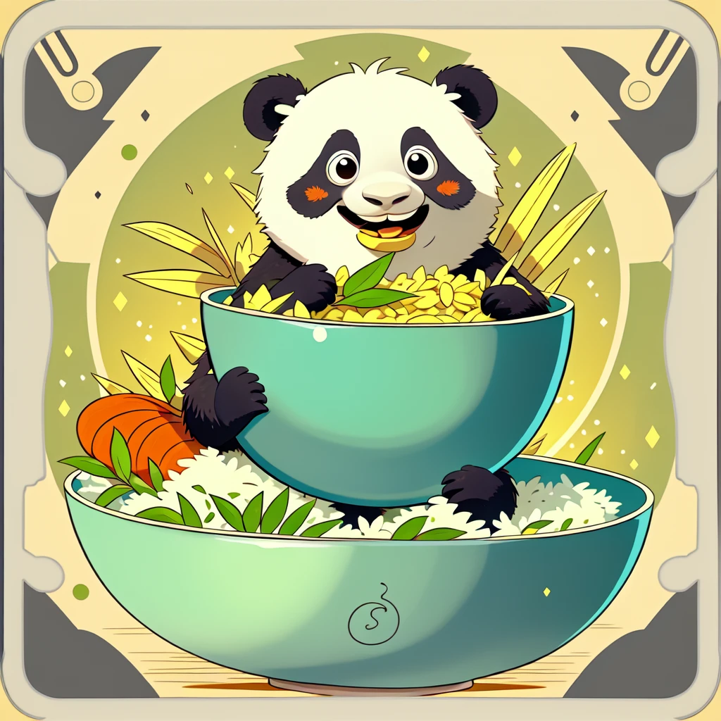  panda，solo, cartoon style，Furry, eating rice in a bowl, happy，cute , flat color, simple color, tarot card style