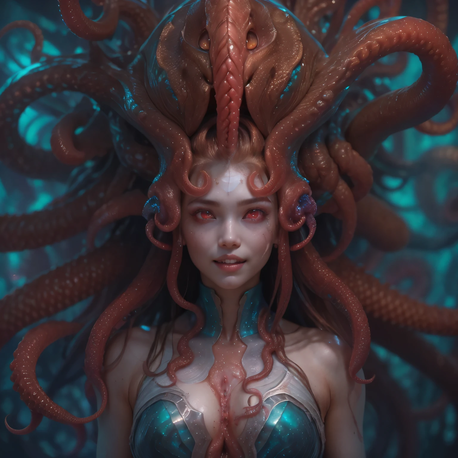 best quality, masterpiece, ultra high resolution, (photos realistic:1.7), scary and sexy detailed art in color, Portrait, (beautiful and obscene female alien:1.4), (vulgarity1.7), (she has red eyes with no pupils:1.8), (She has translucent pale skin:1.7), (There is a female genital-like organ in the middle of the forehead:1.95), (She has the most beautiful face in the history of the universe:1.2), (She has multiple bioluminescent organs on the side of her tentacles:1.4), (Her body is covered with an iridescent exoskeleton:1.3), an evil gaze that seduces, (large mouth:1.1), (sharp teeth like a vampire:1.2), Full body portrait, (bio luminescent:1.5), (Smile wickedly:1.3), (sexypose:1.5), alien, No humans, cells are fused, (There are lots of translucent tentacles from her head:1.3) extraterrestrial, cell, bio image, best quality, 8K,In 4K_quality, High freshness, Dramatic Lighting, cinematic quality, detail up, (exquisite details:1.2), High freshness, drawing faithfully, (Thick eyebrows:1.2), Beautiful eyes with fine symmetry,(Highly detailed face and eyes:1.2),(Super detailed skin quality feeling:1.4), perfect anatomy, (Beautiful toned body:1.5), (Moist skin:1.2), not wearing makeup, (dark circles:1.1), long canines, cinematic drawing of characters, cinematic quality, detail up, (exquisite details:1.2), high resolution, High freshness, drawing faithfully, official art, Unity 8K Wall paper, ultra detailed artistic photography, midnight aura, unreal engine 5, Ultra Sharp Focus, art by Amano Yoshitaka, ArtGerm, Roisch, intricate artwork,ultra realistic realism, dream-like, nautilus, Creation of fantasy, dream Snail, (biopunk nautilus:1.3),Thrilling color schemes, seductively smiling, Blue tentacles, Amazing mutation, well-proportioned body, goddess of the deep sea, fractal, Geometric pattern, impossible figures,(asymmetry:1.4), (white tentacles with blue stripes:1.4), subtle emerald green accents, (expression of ecstasy:1.6), She is doing a sexy pose like a nude model