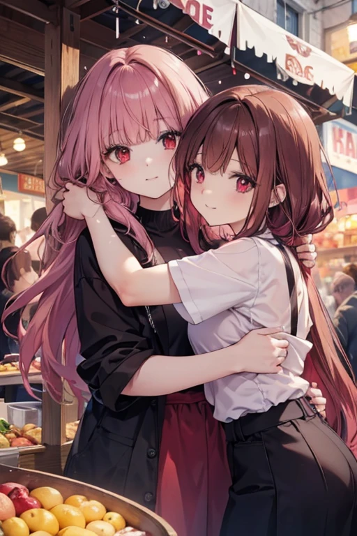 A brown haired woman with red eyes is hugging a pink haired woman's arm in a creepy marketplace
