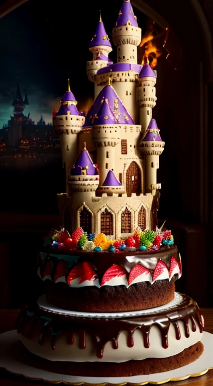 araffe cake with a castle on top of it on a table, cake art, fantasy bakery, cake, 3D amazing details, cake sculpture, the wizard's magical tower!!, Ultra-detailed rendering, magic castle, fantasy castle, food 4k, fantasy food, 8k highly detailed ❤🔥 🔥 💀 🤖 🚀, the greatest cake