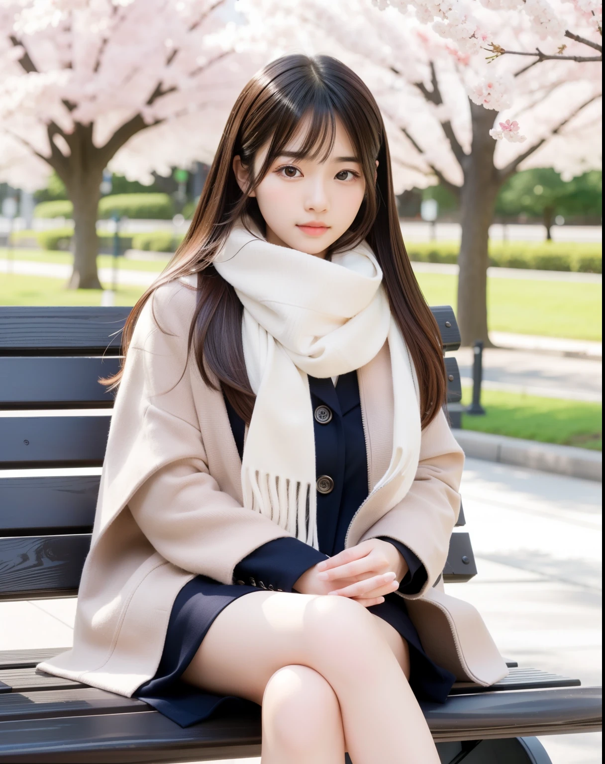 An arafi woman wearing a scarf and sitting on a park bench, Korean Girl, korean female fashion model, Beautiful young Korean woman, Korean Woman, Gorgeous young Korean woman, beautiful Korean women, Chinese girl, real life anime girl, Beautiful Asian Girl, Japanese Models, japanese girl , the face of a beautiful Japanese girl, Young Asian Girl,sakura blooming background