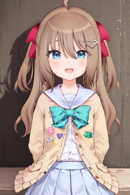 (masterpiece), (ultra-detailed), best quality, 8k, 1girl, neuro-sama, solo, looking at viewer, standing, looking at viewer, portrait, brown cardigan, bowtie, sailor collar, ahoge, cherry blossoms, blue eyes, sky, outdoors, smile, heart hair ornament, two side up, (heart hands:1.2), blue skirt, white shirt, serafuku, open mouth, (spoken heart:1.4)    