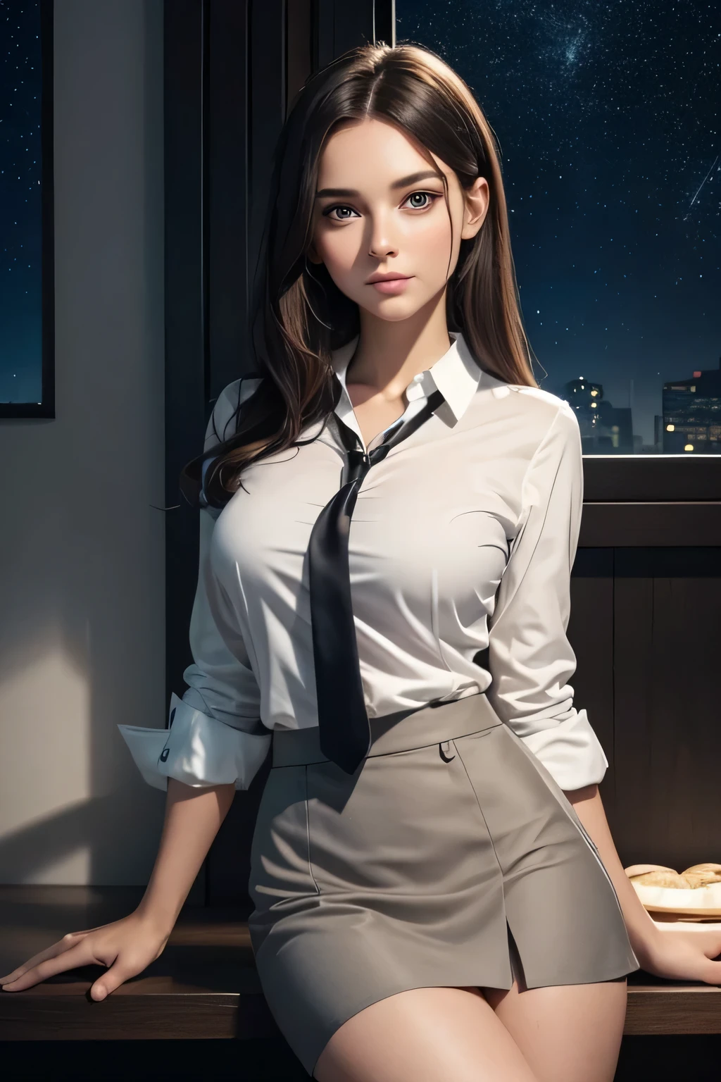 Gorgeous young adult caucasian female, brunette, hazel eyes; anatomically accurate; shapely, toned figure; wearing a white buttoned shirt, a tie and a grey knee-length skirt. She exudes confidence and smartness but is a child at heart, and loves sweet treats and plushies. She is fascinated with the stars. She looks towards the night sky, the stars reflecting in her eyes, sitting beside the viewer.