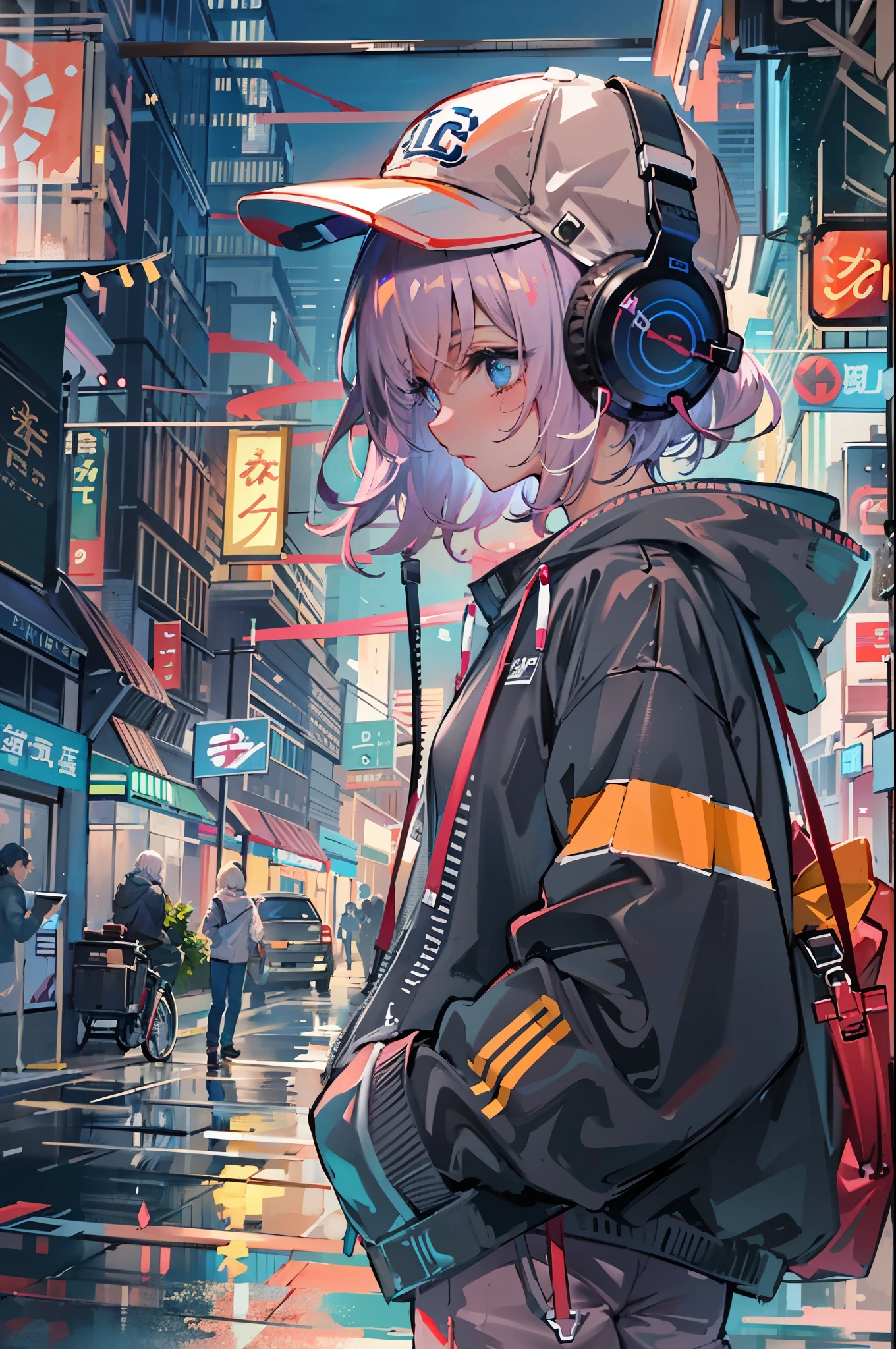 8K分辨率、((top-quality))、((masterpiece))、((ultra-detailliert))、1 woman、独奏、incredibly absurdness、Oversized hoodies、headphones、Street、plein air、Sateen、neons、Shortcut Hair、Brightly colored eyes、Hands in pockets、shortpants、water dripping