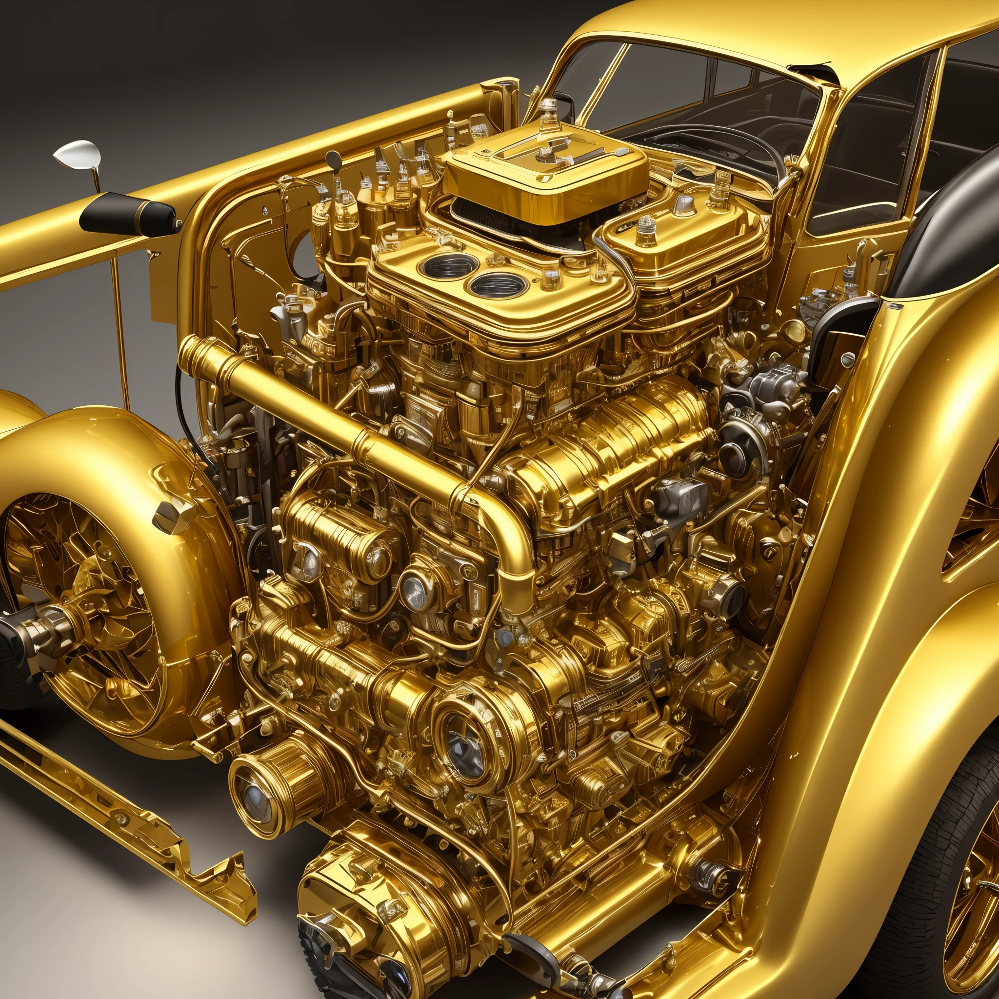 In this meticulously crafted image, the golden classic car engine cylinders come alive under the scrutinizing gaze of a professional camera lens. Every intricate detail is captured with stunning clarity, revealing the complex machinations that power the high-performance engine. The 3D render, with its ultra-realistic textures and vibrant hues, breathes life into the golden oil, making it seem as if it's pulsating and almost bursting out of the frame. The technical precision on display here is a testament to the artist's mastery of their craft, showcasing a level of artistry and detail that is sure to leave viewers in awe. The scene is rendered in crisp