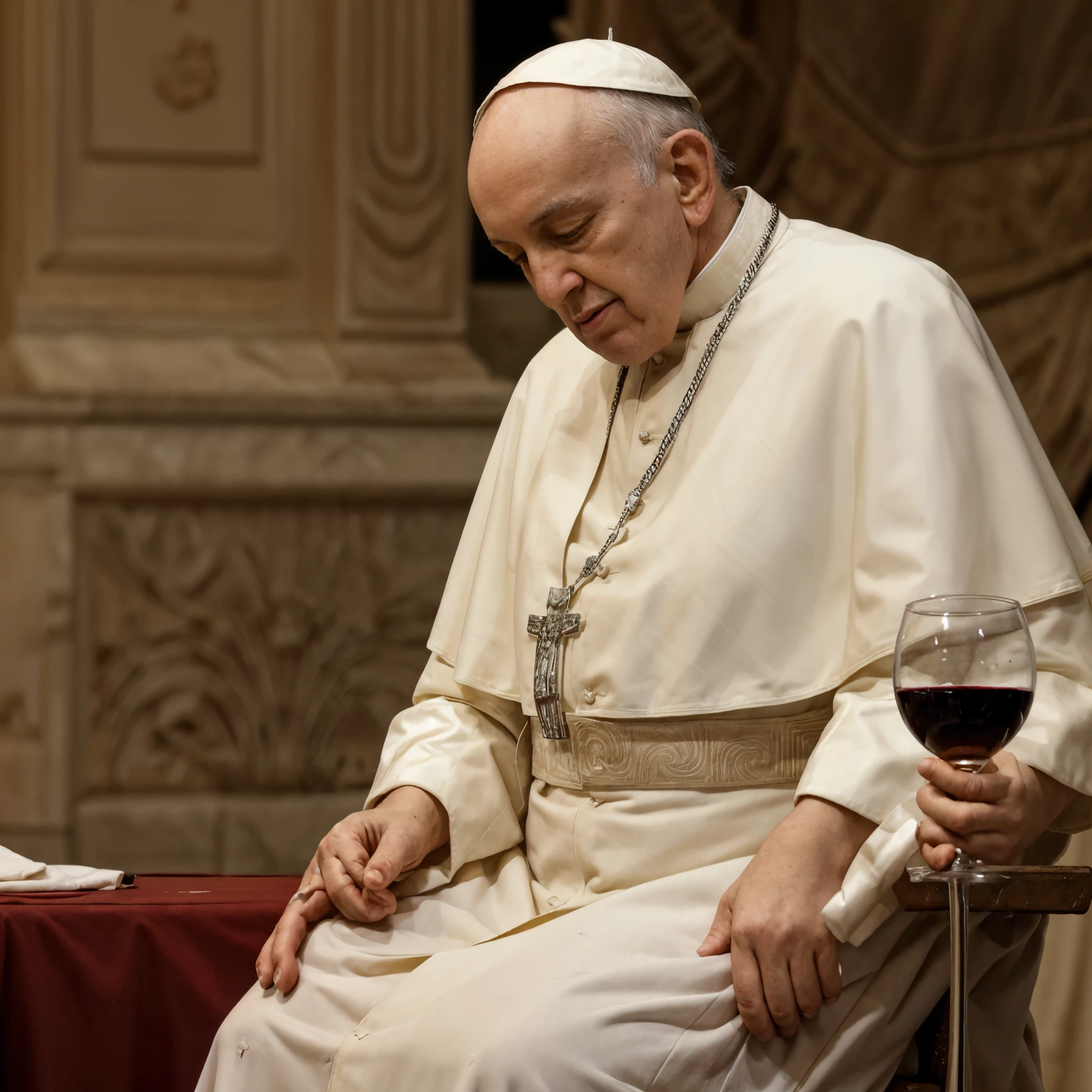 view from afar, wide shot from above, wide-angle, drunken Pope Francis laying on an altar. (white tablecloth stained with red wine), A glass of wine overturned on the embroidered tablecloth placed on the altar. ((imperfect skin)), open mouth, saliva trail, closed eyes, (ultra detailed skin texture, ultra detailed nose, real skin pores). Photorealistic shot. popefra
