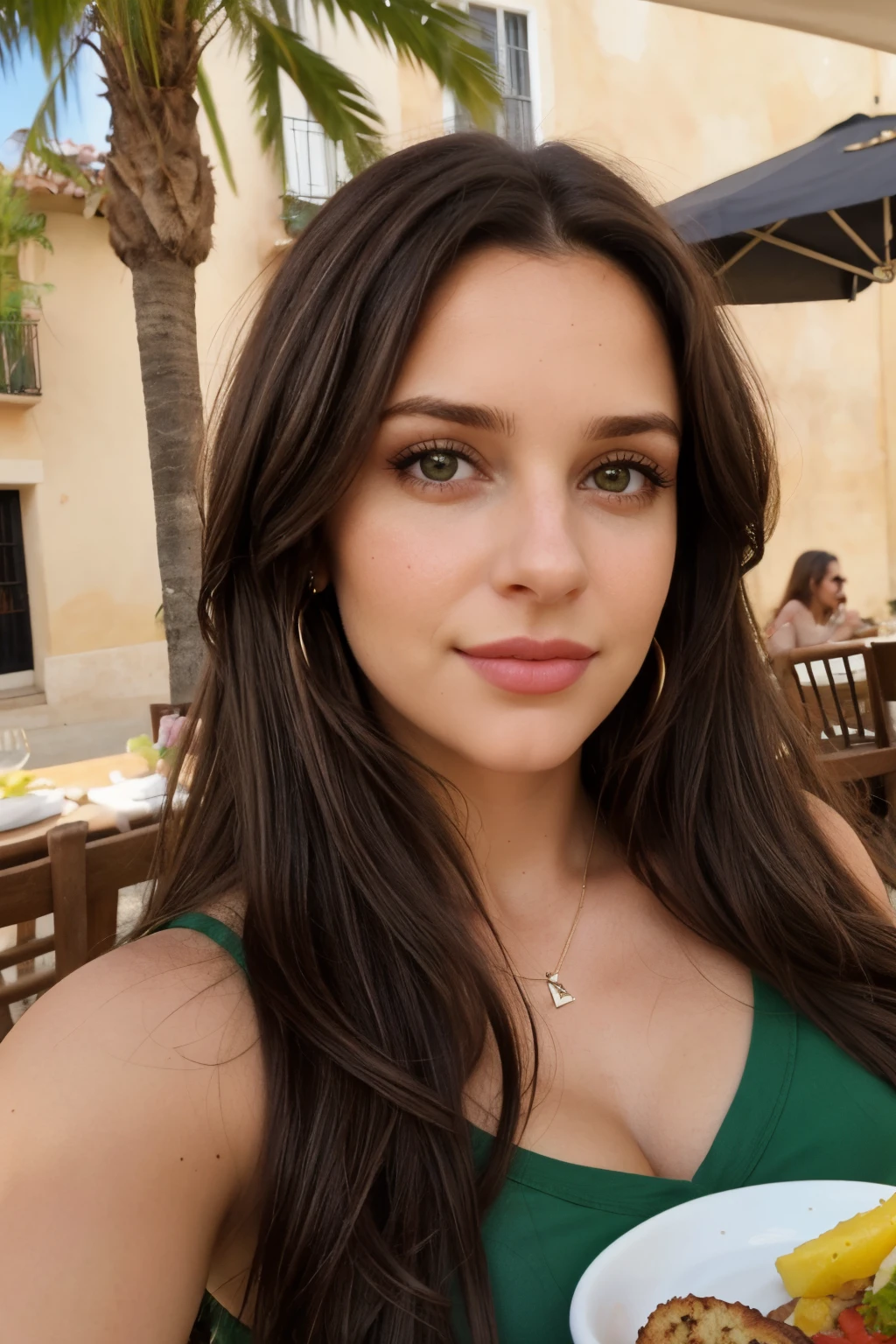1mujer, (realista:0.75), brown hair, Cabello largo, ojos negros, feliz, almorzando,amigas rubias,ojos verdes,europeas, selfie, comida