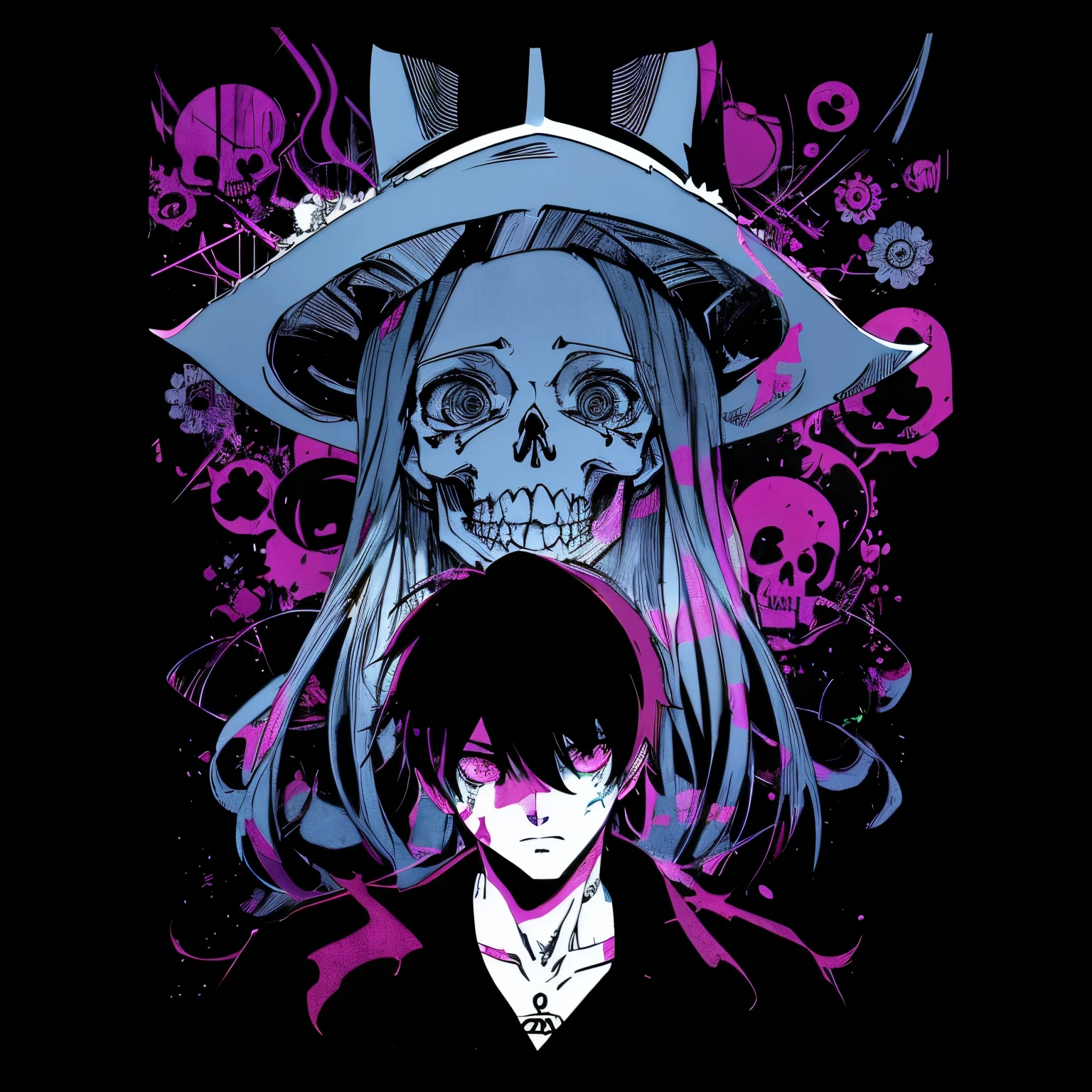 anime wallpapers with a skull and a man with a hat, epic anime style, trigger anime artstyle, arcane art style, badass anime 8 k, arcane style!!!!!, anime style 4 k, junji ito 4 k, anime graphic illustration, anime art wallpaper 8 k, in style of cytus and deemo, style of madhouse anime, skeleton head around face, aura around face, lighting around, ink splatter