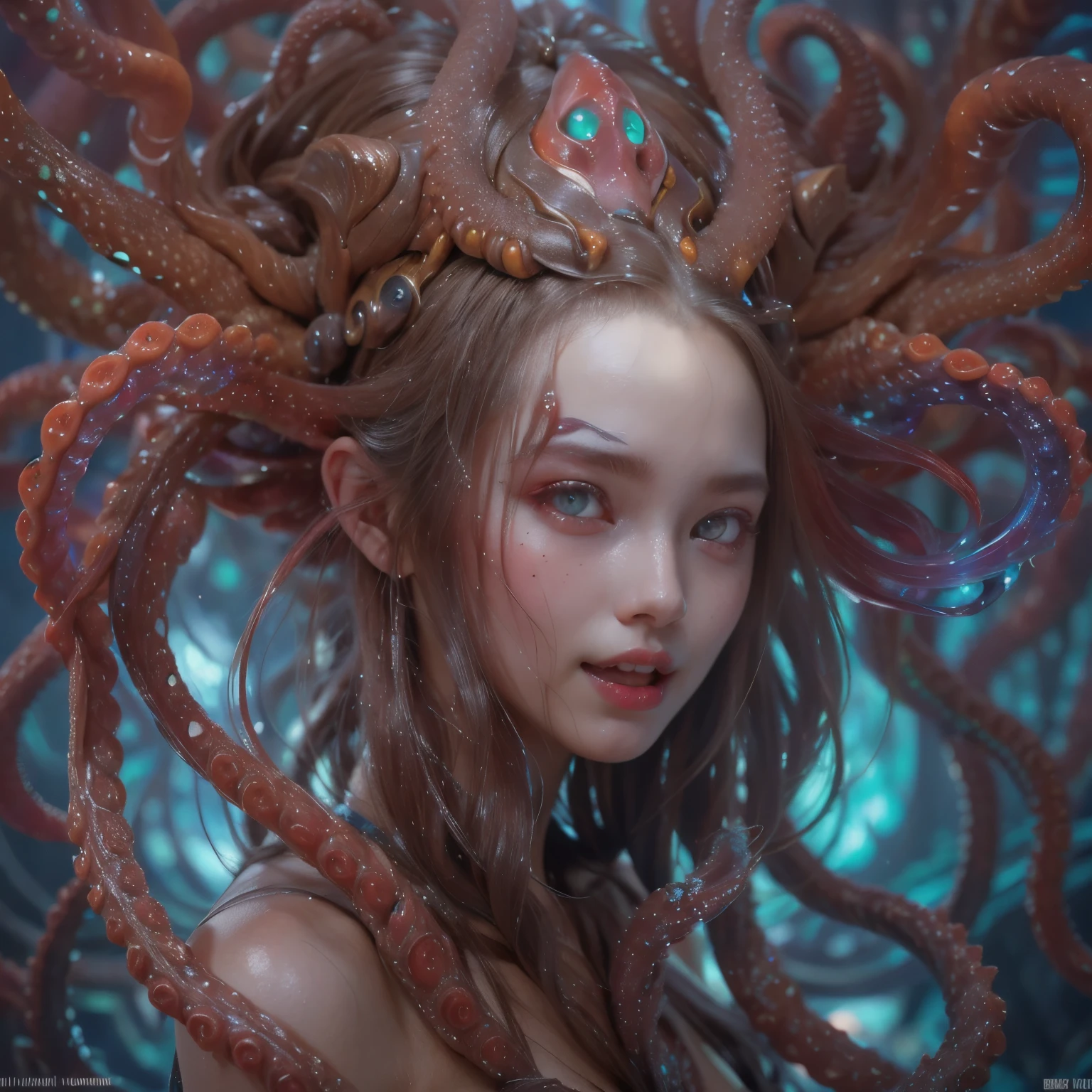 best quality, masterpiece, ultra high resolution, (photos realistic:1.7), scary and sexy detailed art in color, Portrait, (beautiful and obscene female alien:1.4), (vulgarity1.7), (she has red eyes with no pupils:1.8), (She has translucent pale skin:1.7), (There is a female genital-like organ in the middle of the forehead:1.95), (She has the most beautiful face in the history of the universe:1.2), (She has multiple bioluminescent organs on the side of her tentacles:1.4), (Her body is covered with an iridescent exoskeleton:1.3), an evil gaze that seduces, (large mouth:1.1), (sharp teeth like a vampire:1.2), Full body portrait, (bio luminescent:1.5), (Smile wickedly:1.3), (sexypose:1.5), alien, No humans, cells are fused, (There are lots of translucent tentacles from her head:1.3) extraterrestrial, cell, bio image, best quality, 8K,In 4K_quality, High freshness, Dramatic Lighting, cinematic quality, detail up, (exquisite details:1.2), High freshness, drawing faithfully, (Thick eyebrows:1.2), Beautiful eyes with fine symmetry,(Highly detailed face and eyes:1.2),(Super detailed skin quality feeling:1.4), perfect anatomy, (Beautiful toned body:1.5), (Moist skin:1.2), not wearing makeup, (dark circles:1.1), long canines, cinematic drawing of characters, cinematic quality, detail up, (exquisite details:1.2), high resolution, High freshness, drawing faithfully, official art, Unity 8K Wall paper, ultra detailed artistic photography, midnight aura, unreal engine 5, Ultra Sharp Focus, art by Amano Yoshitaka, ArtGerm, Roisch, intricate artwork,ultra realistic realism, dream-like, nautilus, Creation of fantasy, dream Snail, (biopunk nautilus:1.3),Thrilling color schemes, seductively smiling, Blue tentacles, Amazing mutation, well-proportioned body, goddess of the deep sea, fractal, Geometric pattern, impossible figures,(asymmetry:1.4), (white tentacles with blue stripes:1.4), subtle emerald green accents, (expression of ecstasy:1.6), She is doing a sexy pose like a nude model