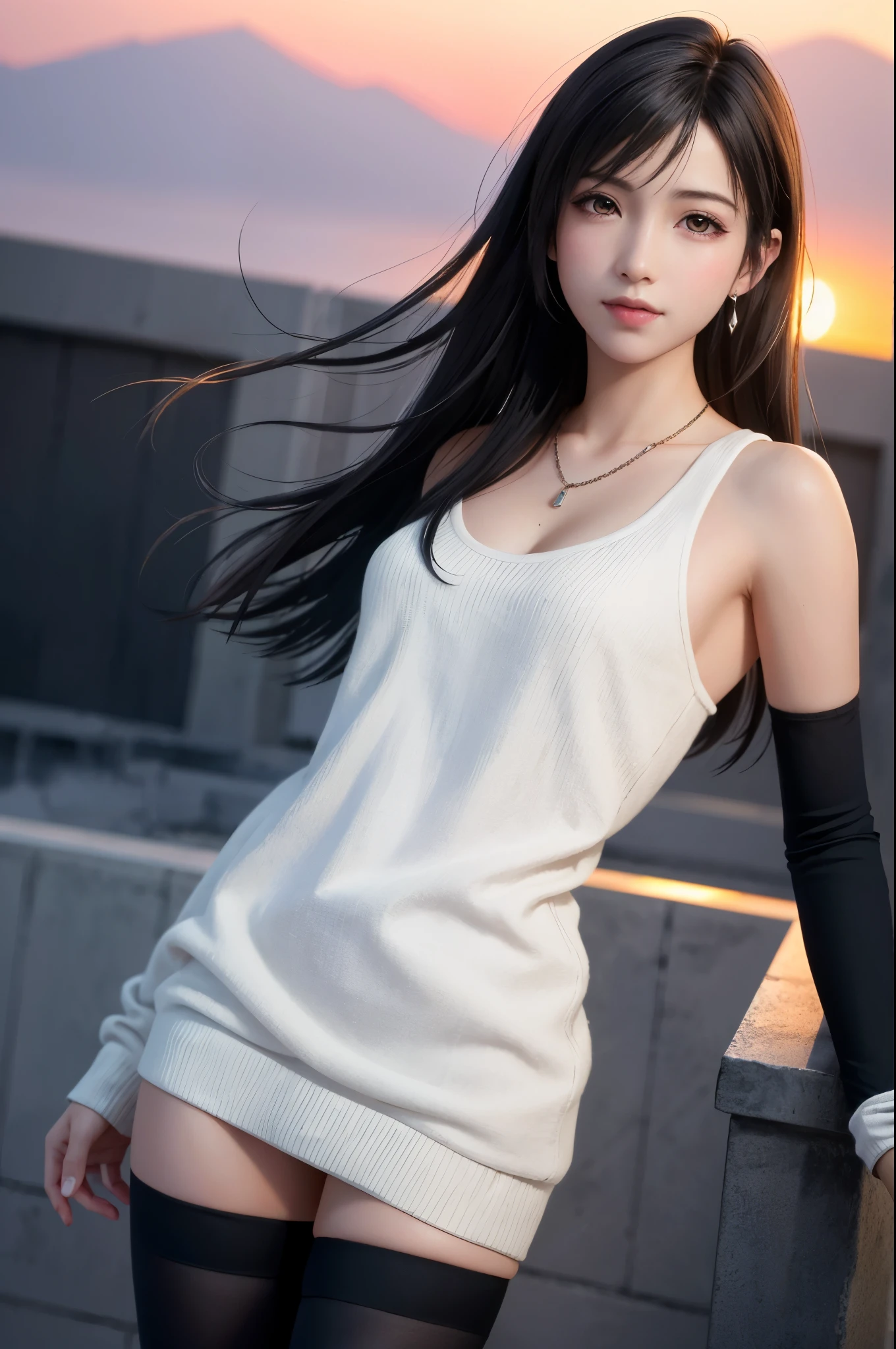 8k,masterpiece, basic quality,big deal, (1 girl), Tifa Lockhart, Red_Eye, black hair, long hair, professional lighting, (shiny skin: 1.2), shiny big deal, ((best quality)), sharp focus: 1.2, Highly detailed facial and skin textures, detailed Eye, perfect face, Perfect body, blur art, CG, background, big breasts, present (20 years, Mature and cool face), wear ((Black dress with slips), black elbow gloves, White tight shirt, thigh, white vest), blush, (mittgal), Random pose, top view,(巨big deal乳房:1.2),wet skin