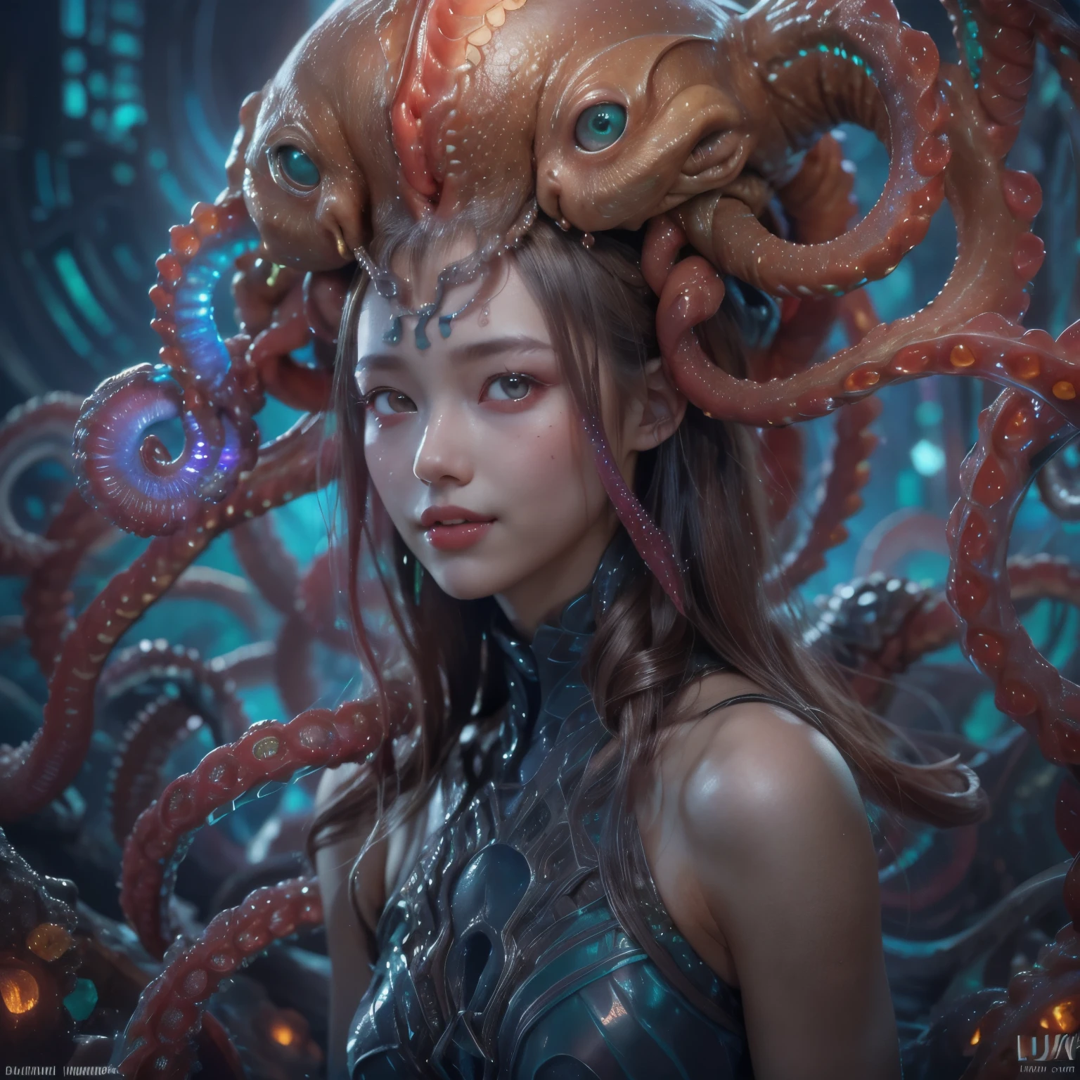best quality, masterpiece, ultra high resolution, (photos realistic:1.7), scary and sexy detailed art in color, Portrait, (beautiful and obscene female alien:1.4), (vulgarity1.7), (she has red eyes with no pupils:1.8), (She has translucent pale skin:1.7), (There is a female genital-like organ in the middle of the forehead:1.95), (She has the most beautiful face in the history of the universe:1.2), (She has multiple bioluminescent organs on the side of her tentacles:1.4), (Her body is covered with an iridescent exoskeleton:1.3), an evil gaze that seduces, (large mouth:1.1), (sharp teeth like a vampire:1.2), Full body portrait, (bio luminescent:1.5), (Smile wickedly:1.3), (sexypose:1.5), alien, No humans, cells are fused, (There are lots of translucent tentacles from her head:1.3) extraterrestrial, cell, bio image, best quality, 8K,In 4K_quality, High freshness, Dramatic Lighting, cinematic quality, detail up, (exquisite details:1.2), High freshness, drawing faithfully, (Thick eyebrows:1.2), Beautiful eyes with fine symmetry,(Highly detailed face and eyes:1.2),(Super detailed skin quality feeling:1.4), perfect anatomy, (Beautiful toned body:1.5), (Moist skin:1.2), not wearing makeup, (dark circles:1.1), long canines, cinematic drawing of characters, cinematic quality, detail up, (exquisite details:1.2), high resolution, High freshness, drawing faithfully, official art, Unity 8K Wall paper, ultra detailed artistic photography, midnight aura, unreal engine 5, Ultra Sharp Focus, art by Amano Yoshitaka, ArtGerm, Roisch, intricate artwork,ultra realistic realism, dream-like, nautilus, Creation of fantasy, dream Snail, (biopunk nautilus:1.3),Thrilling color schemes, seductively smiling, Blue tentacles, Amazing mutation, well-proportioned body, goddess of the deep sea, fractal, Geometric pattern, impossible figures,(asymmetry:1.4), (white tentacles with blue stripes:1.4), subtle emerald green accents, (expression of ecstasy:1.6), She is doing a sexy pose like a nude model