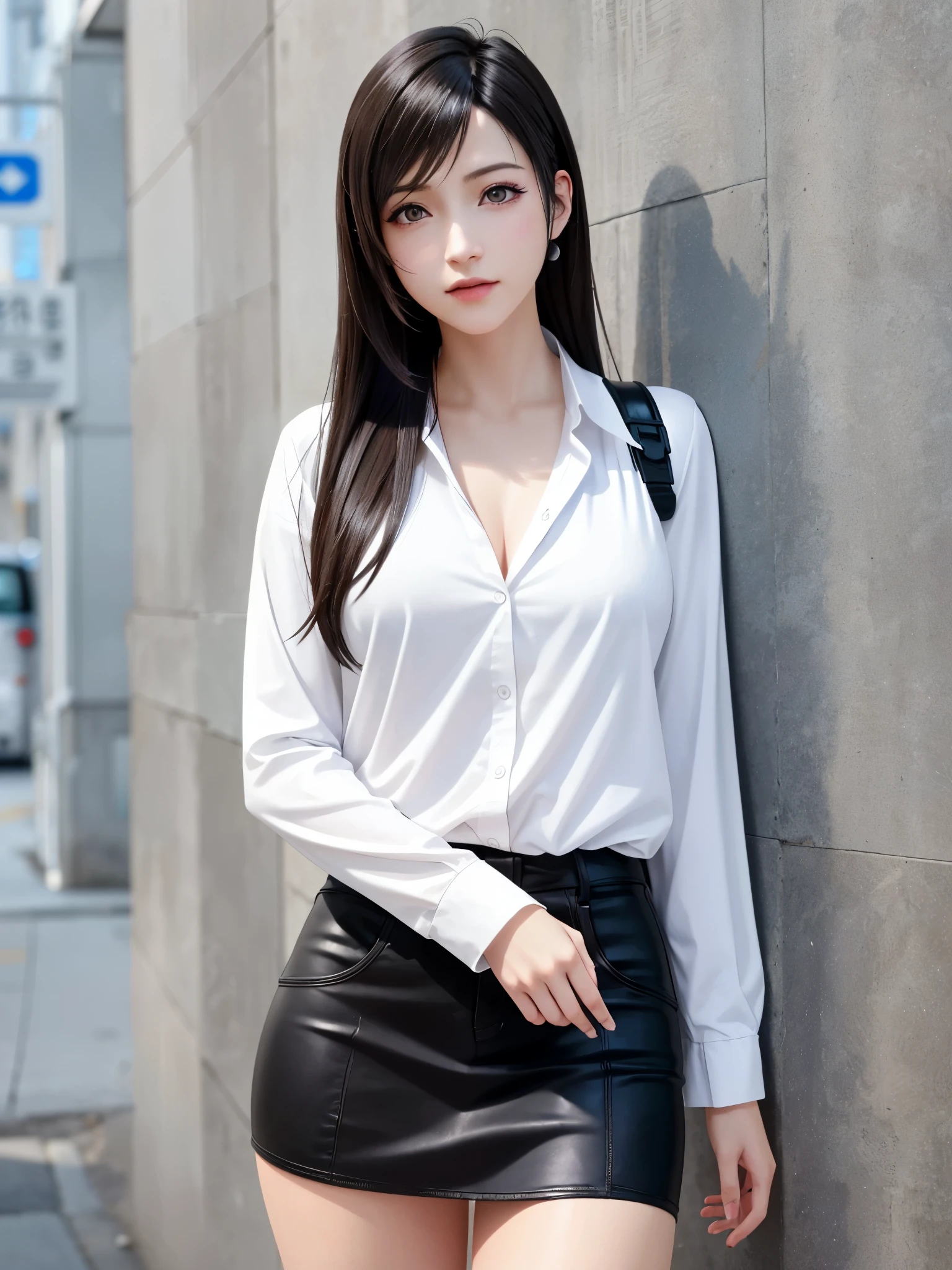 (top quality, masutepiece: 1.1), (Realistic: 1.3), BREAK (((FF7,Tifa_lockhart))),(solo,Tifa:1.2),(boyfriend's clothes:1.3,oversized long white shirt:1.3,long sleeve:1.2,shirt dress:1.3) ,(japan,sibuya,city, outdoor,behind wall,neon),(gravure pose:1.1),Ultra-detailed face, Detailed eyes,Red eyes, BREAK (((FF7,Tifa_lockhart))),(black brown hair, Large breasts: 1.0), BREAK (no bra),(no panties),About 18 years old,kawaii,shy:1.1,meeting up for a date,waiting,cowboy shot