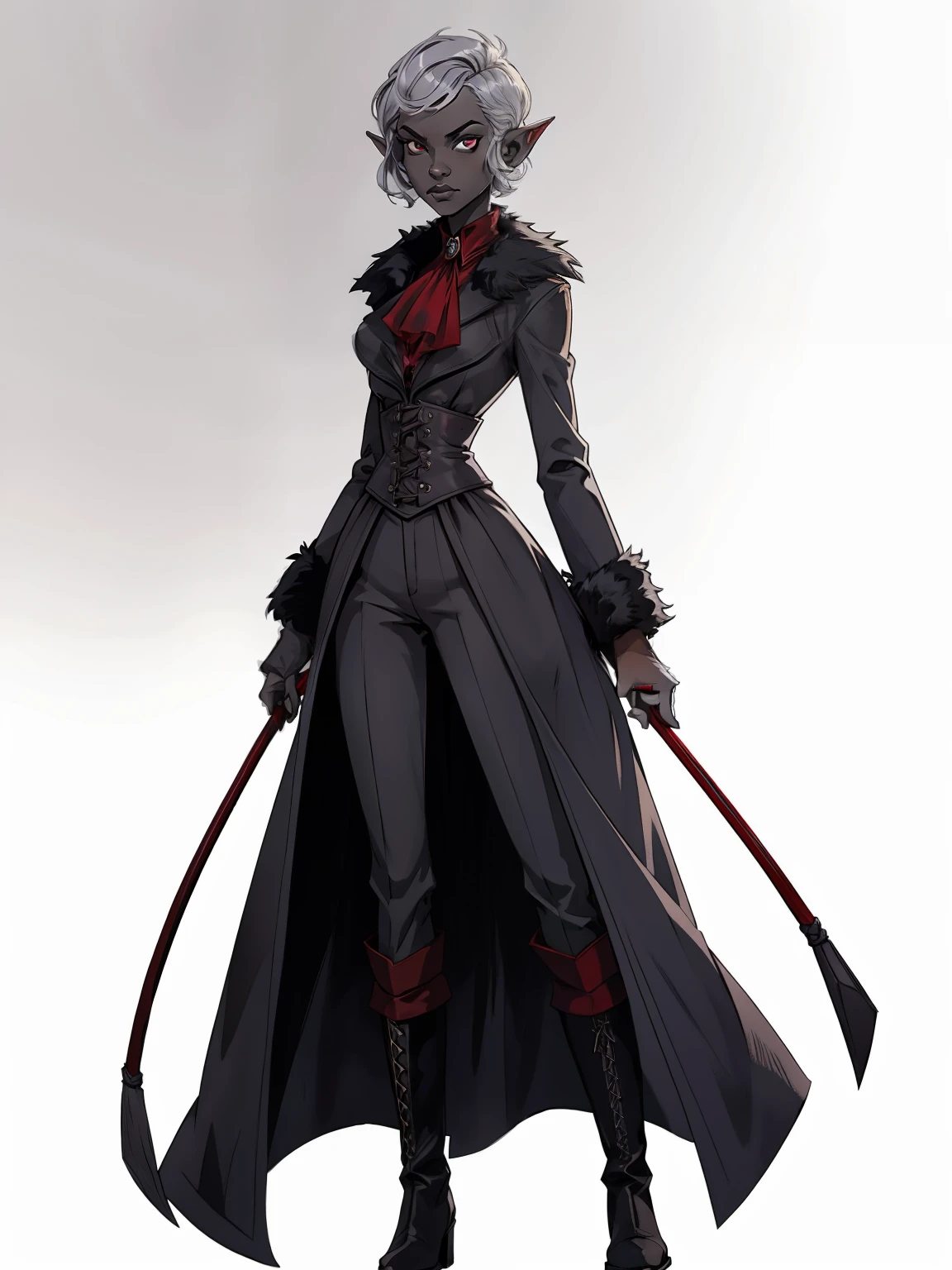 full body portrait, 1girl, short combed hair, pixie cut, silver hair, combed hair, forehead, drow, dark gray skin, fur coat, red high-collared shirt, ascot, high collar, solo, blank background, white background, outside, gothic fantasy art, long pointy ears, high laced boots, bullwhip, wide hips, flat-chested