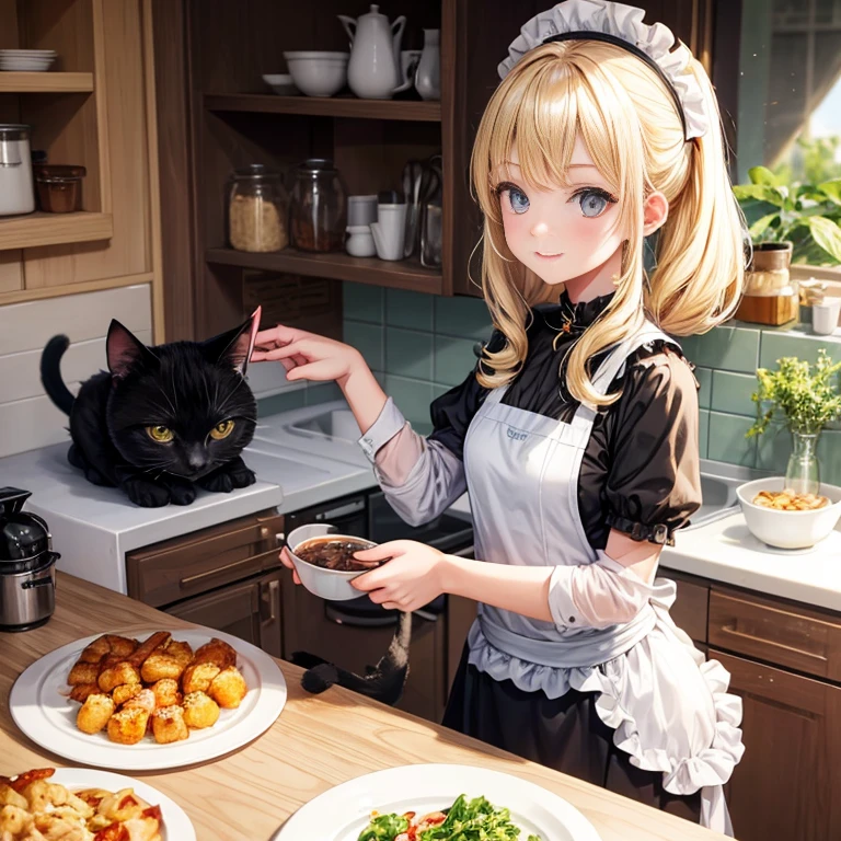 A cute blonde young woman with dark eyes is cooking something delicious in the kitchen. A black cat and a white cat sit next to her. Alles in einem Cartoon Style