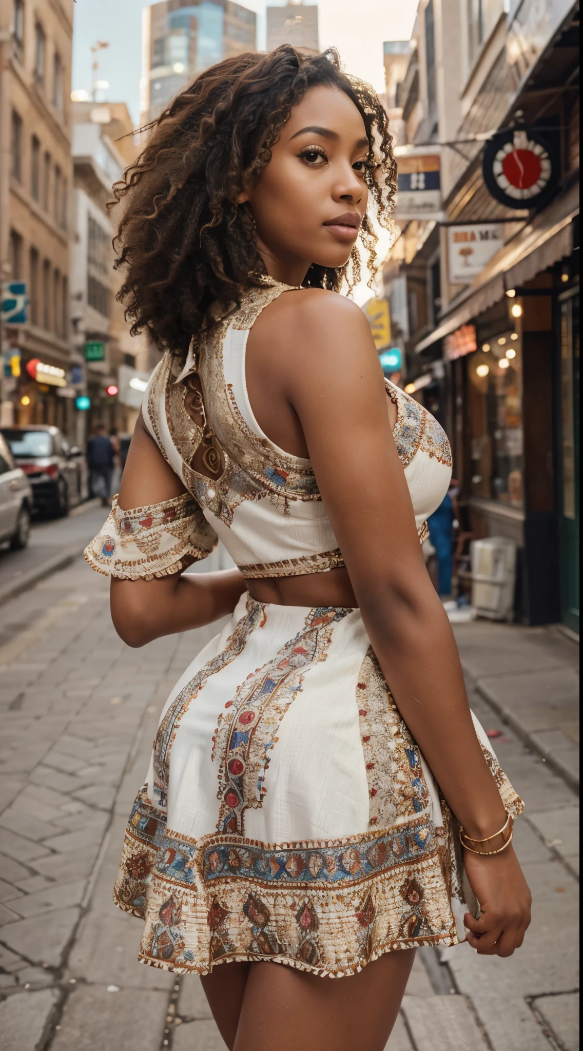 fair light skinned, african, tall (cute 30yo woman, city outfit, dress to impress), brown eyes, ((nappy hair)), background downtown toronto, kiss, beautiful, medium breasts, flirtatious look, no imperfections ((very detailed)), (perfectly detailed face), (well detailed hands), pores skin, sweet skin, photorealistic image, instagram photo, RAW photo, 8k