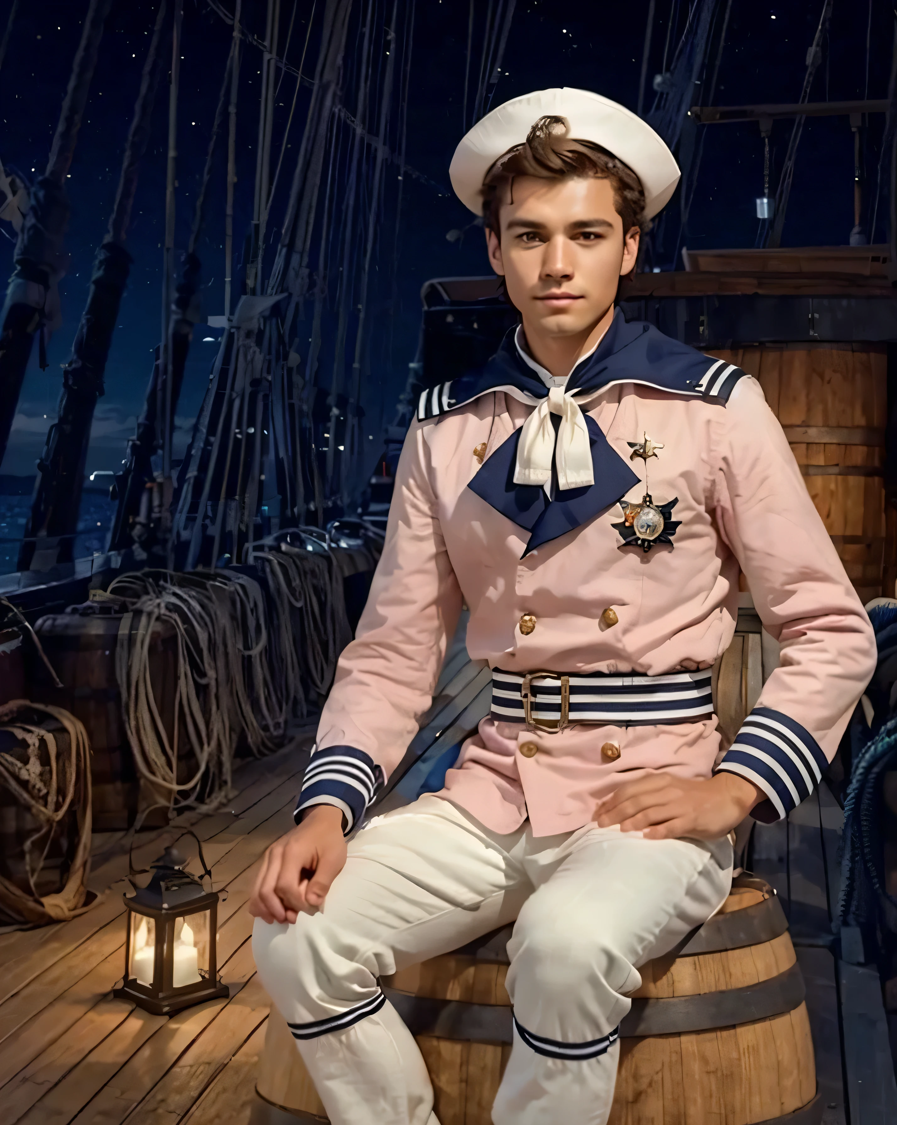 4k ultra realistic a young sailor man on the deck of the ship sitting on a barrel, as estrela brilham forte no ceu a noite