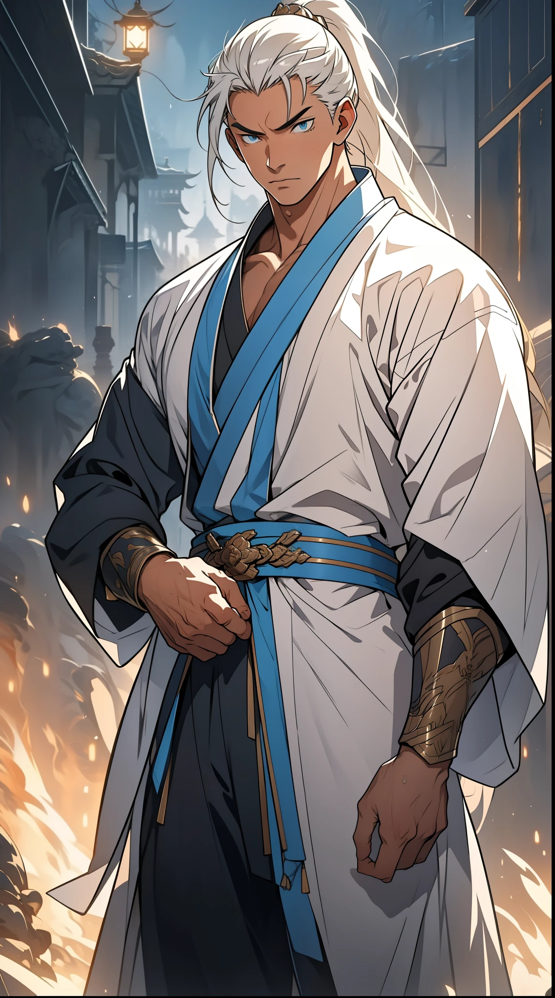 Two dimensions，anime style，one person（male warrior），proportions are correct，facial details，swordsman，high ponytail hairstyle，neck detail，Have an Adam&#39;s apple，White robe，joke，white robe，clothing details，transfer，long sleeves，Game quality，fencing，Ray tracing，Ray tracing，Detailed glow，CG rendering，hair details，long white hair，blue eyes，Handsome，Handsome，（Youthful feeling），Clothing is complicated，Perfect composition，refine，high quality，higher details，many details，Complex background，a sense of atmosphere，