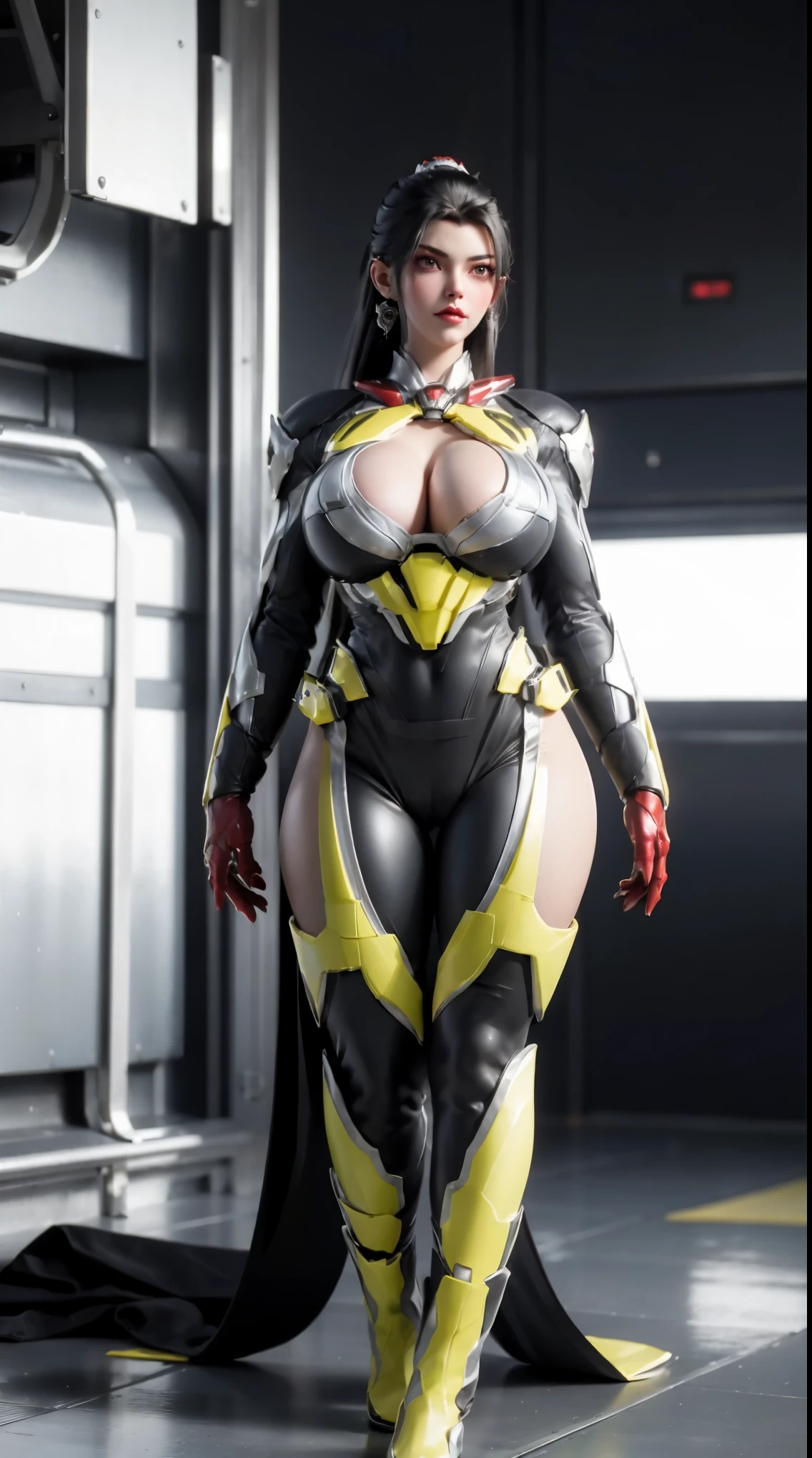 (1GIRL,SOLO:2), (super detailed face), ((BIG BUTTOCKS, HUGE FAKE BREASTS:1.5)), (CLEAVAGE TOP:1.5), (MUSCLE ABS:1.4), (MECHA GUARD ARM:1.5), ((GREEN, SILVER, RED OVERWATCH MECHANICAL SHINY HEAVY ARMORED CROP TOP, BLACK MECHA SKINTIGHT SUIT PANTS, MECHA GUARD ARMOR LEGS, HIGH HEELS:1.6)), (LEWD VOLUPTUOUS BODY:1.3), (GLOWING SKIN:1), (LONG LEGS, FULL BODY:1.3), (LOOKING AT VIEWER:1.3), (female focus:0.886), (WALKING DOWN HALLWAY OF FUTURISTIC SPACE STATION:1), (BRIGHT LIGHT WHITE_ROOM:1.3), SUPER TEXTURE, UNREAL ENGINE RENDER, PHYSICALLY-BASED RENDERING, ULTRA HIGHT DEFINITION, 16K, 1080P.