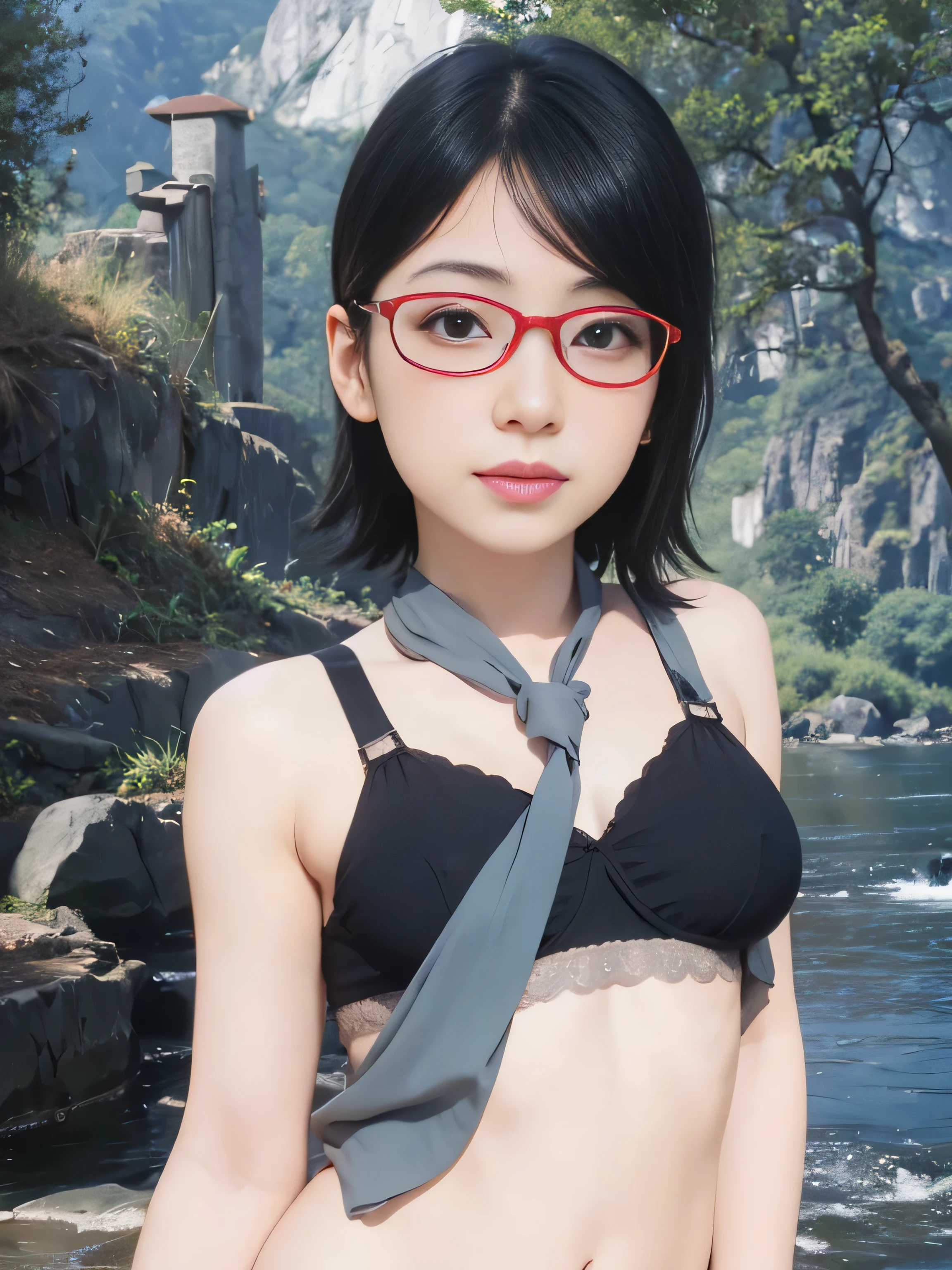 masterpiece, best quality, (realistic,photo-realistic:1.4), (RAW photo:1.2), extremely detailed CG unity 8k wallpaper, delicate and beautiful, amazing,finely detail, official art, absurdres, incredibly absurdres, huge filesize, ultra-detailed,extremely detailed eyes and face,light on face,little smile,(black hair:1.4)short hair,(wearing lingerie:1.4),nature background,(wearing red framed glasses:0.5),sarada