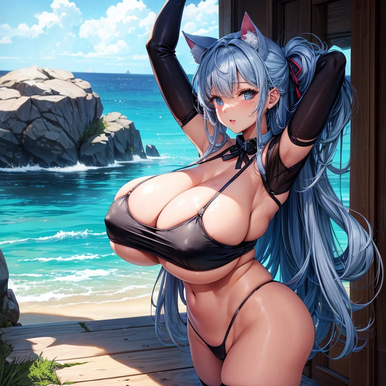 Best quality, 1 girl, cat ears, (huge breasts:1.9), swim suits