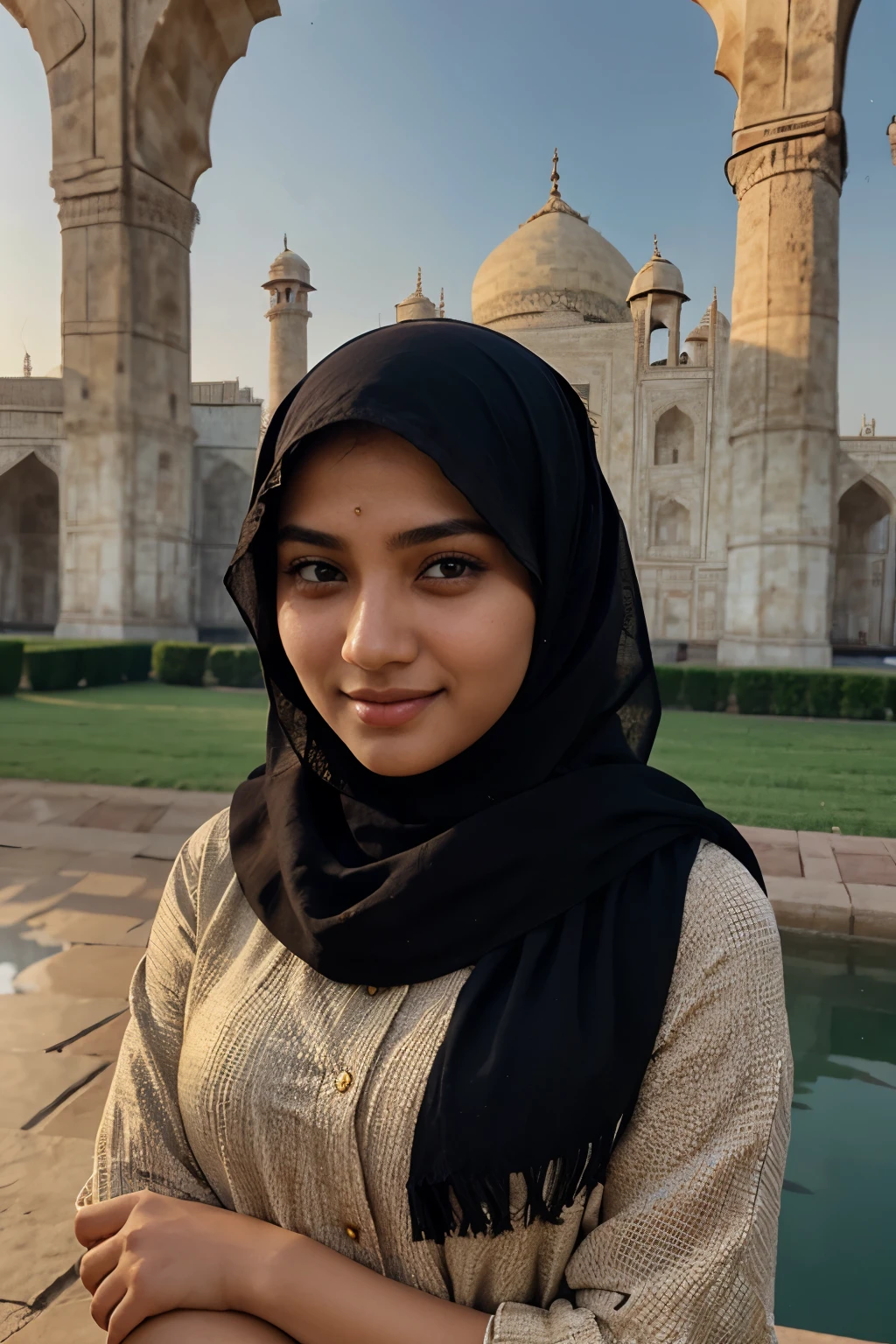 A Muslim girl wearing borkha beautiful face with seductive eyes , realistic, potrait view, gentle smile, posing infront of Taj Mahal