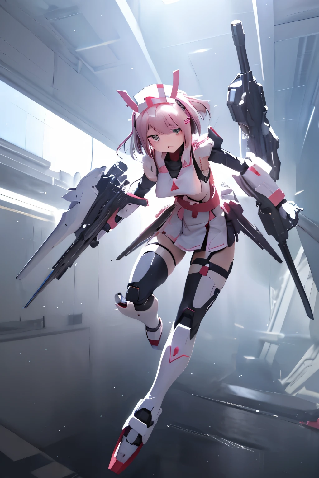 (highest quality)), ((masterpiece)), (very detailed: 1.3), 3D, (wear nurse uniform under armor:1.3), 1 girl, (She is fused with futuristic Gundam mecha:1.3), with headgear, add v-fin to the forehead, armored shoulders,armored under arms, armored under legs, 2 long range railguns attached on back, 近未来都市の背景, multilayer textureperfect proportions, octane rendering, duotone lighting, Low ISO, wide aperture, White balance, Rule of thirds, ultra HD16k, HDR (High Dynamic Range), Ray Tracing, NVIDIA RTX, Super Resolution, Subsurface Scattering, PBR Texturing, Post Processing, Anisotropic Filtering, Depth of Field, Maximum Clarity and Clarity, High efficiency subpixel, subpixel convolution, particles of light, light scattered, Tyndall effect, full body:1.5, battle pose, cute, (cute:1.2), (セミロング:1.3),三つ編み, 黒髪, 太い眉毛, 薄い色の虹彩, 大きくて輝いている黒い瞳, 長いまつげ, 小さく薄い色の自然な唇, (Average face of Japanese idols), (日本人特有の童顔:1.3), (baby face), 広いおでこ:1.2, ふっくらした頬, 小さな顎, visible side boob, looking at viewer,Focus on the eyes, (完璧な4本の指, 親指1本),