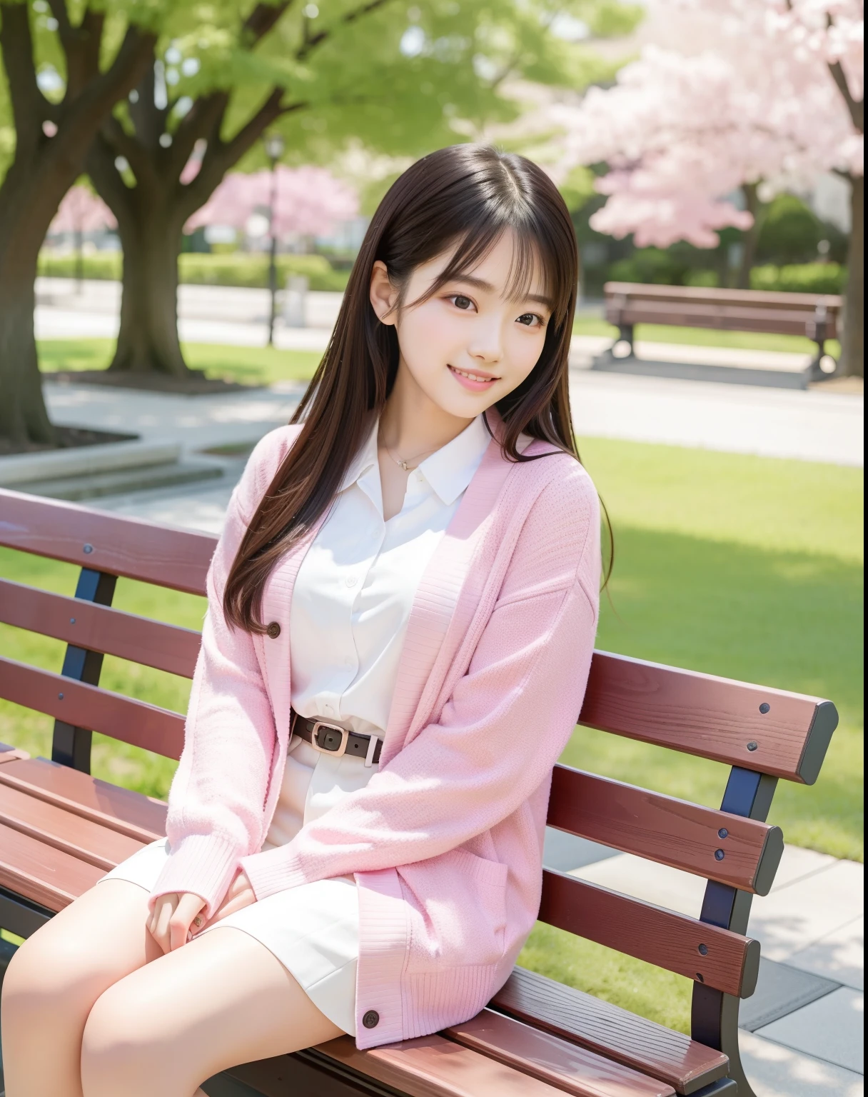 An arafi woman wearing pink cardigan and sitting on a park bench, light smile, Korean Girl, korean female fashion model, Beautiful young Korean woman, Korean Woman, Gorgeous young Korean woman, beautiful Korean women, Chinese girl, real life anime girl, Beautiful Asian Girl, Japanese Models, japanese girl , the face of a beautiful Japanese girl, Young Asian Girl,sakura blooming background 