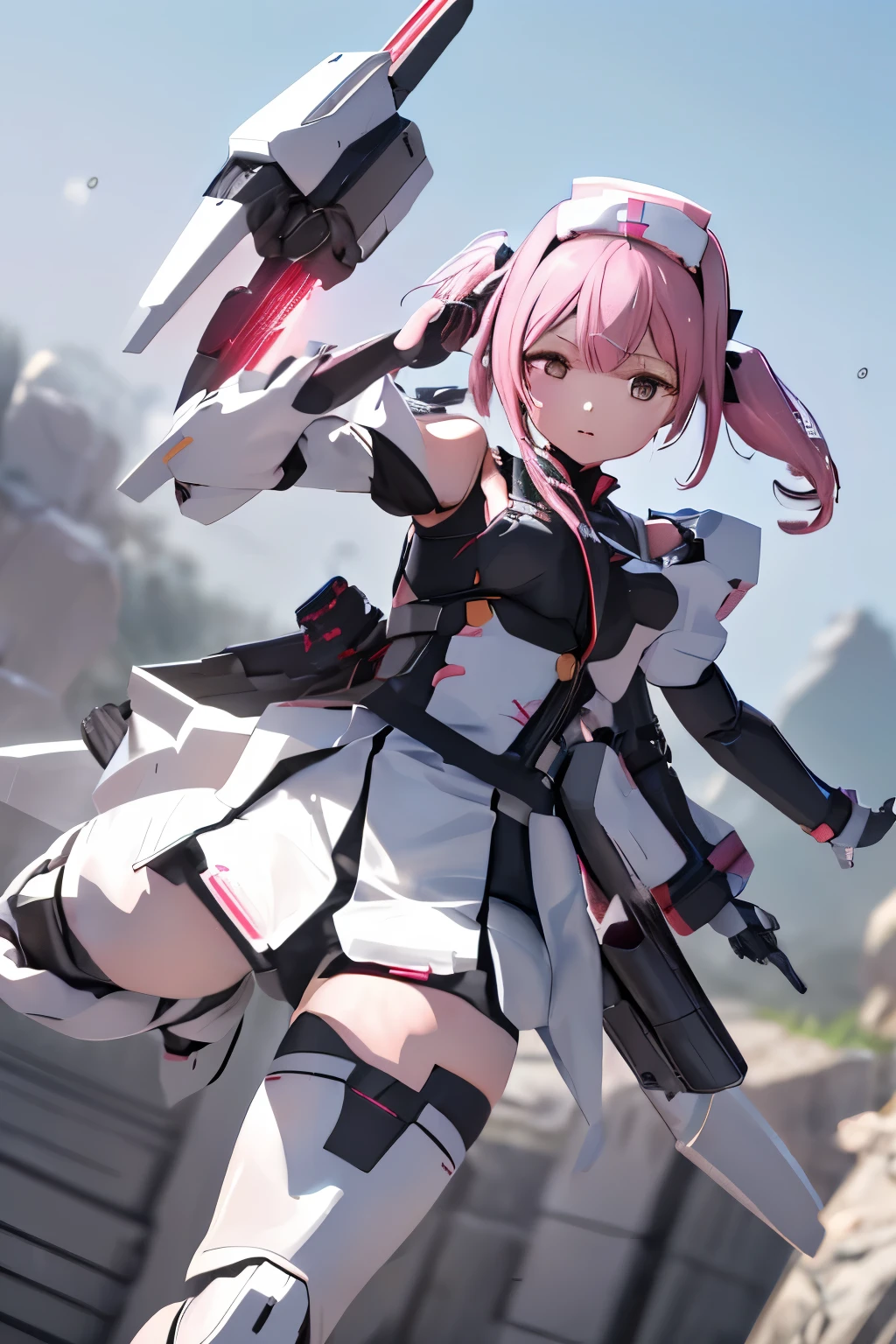 (highest quality)), ((masterpiece)), (very detailed: 1.3), 3D, (wear nurse uniform under armor:1.3), 1 girl, (She is fused with futuristic Gundam mecha:1.3), with headgear, add v-fin to the forehead, armored shoulders,armored under arms, armored under legs, 2 manipulator modules attached on back, multilayer textureperfect proportions, octane rendering, duotone lighting, Low ISO, wide aperture, White balance, Rule of thirds, ultra HD16k, HDR (High Dynamic Range), Ray Tracing, NVIDIA RTX, Super Resolution, Subsurface Scattering, PBR Texturing, Post Processing, Anisotropic Filtering, Depth of Field, Maximum Clarity and Clarity, High efficiency subpixel, subpixel convolution, particles of light, light scattered, Tyndall effect, full body:1.5, battle pose, cute, (cute:1.2), (セミロング:1.3),三つ編み, 黒髪, 太い眉毛, 薄い色の虹彩, 大きくて輝いている黒い瞳, 長いまつげ, 小さく薄い色の自然な唇, (Average face of Japanese idols), (日本人特有の童顔:1.3), (baby face), 広いおでこ:1.2, ふっくらした頬, 小さな顎, visible side boob, looking at viewer,Focus on the eyes, (完璧な4本の指, 親指1本),