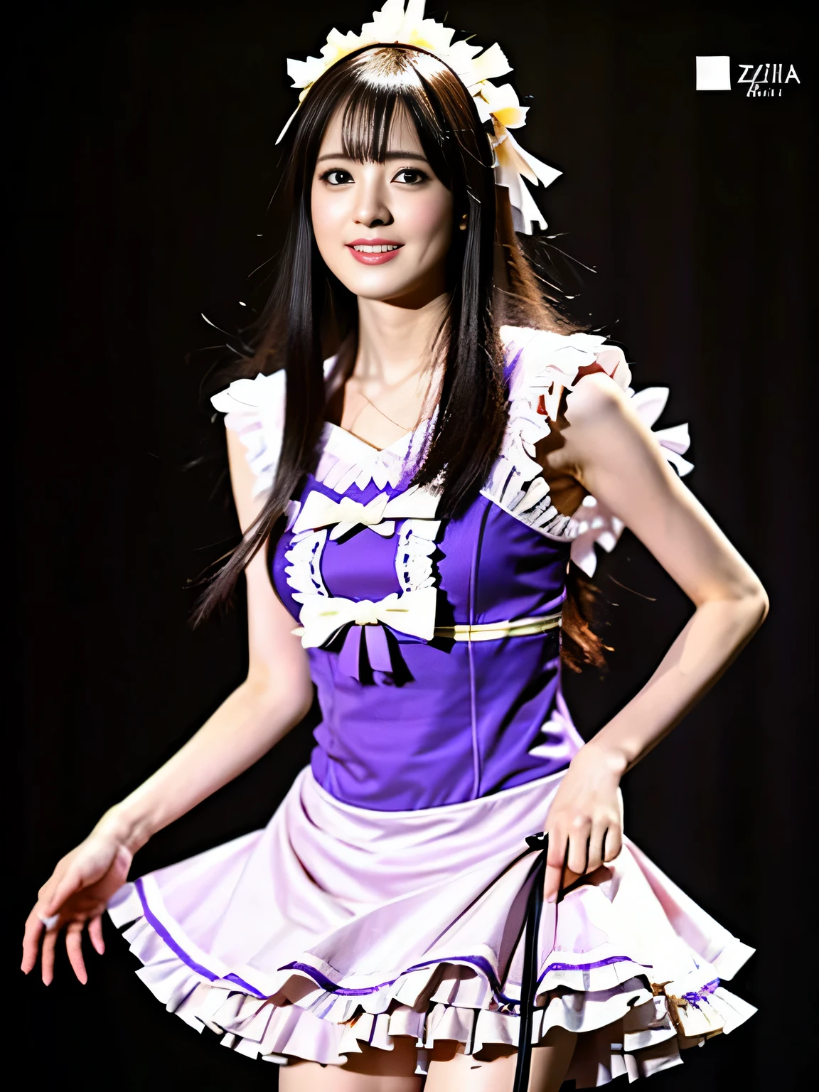 (((Draw only one woman：2)))、((Idol woman singing and dancing at a concert venue:1.5))、((Wearing cute costumes like idols：1.8))、beautiful 16 year old woman、((1 screen))、8K、RAW shot、highest quality photos、masterpiece、nice realistic pictures、(( anatomically correct proportions : 1.5))、((perfect proportions))、((A cute woman who looks like a beautiful Japanese idol))、((small head))、detailed face、detailed eyes、narrow nose、(detailed fingers: 1.2)、detailed arms、detailed skin、detailed legs、(slim style)、((thin waist))、(Medium udder)、(She sings wearing a fashionable frilly mini-skirt dress.:1.8)、(A dress with a cute and elaborate design with a detailed pattern:1.8)、(sweaty body:1.2)、(sweaty hair:1.2)、(One-piece costume with cute sweaty design:1.3)、(Costumes like Nogizaka46:1.8)、(Costumes like Hinatazaka46:1.8)