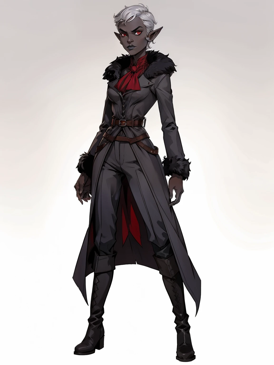 full body portrait, 1girl, short combed hair, pixie cut, silver hair, combed hair, forehead, drow, dark gray skin, fur coat, red high-collared shirt, ascot, high collar, solo, blank background, white background, outside, gothic fantasy art, long pointy ears, high laced boots, wide hips, (flat-chested)