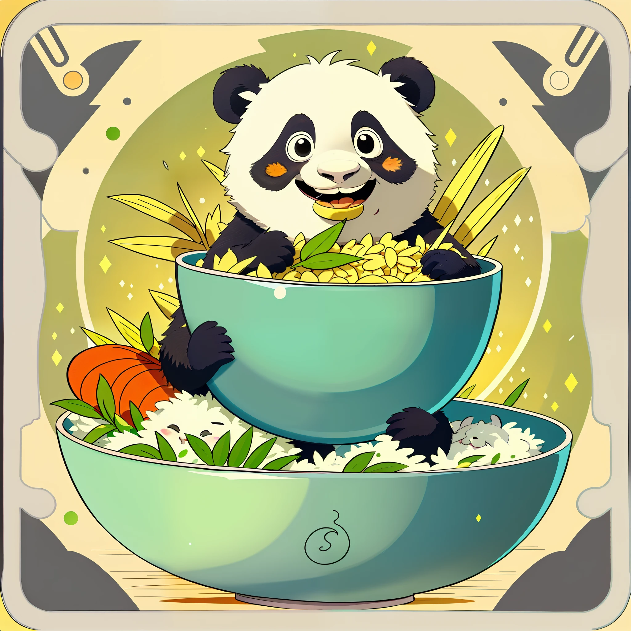 Baby panda,solo, cartoon style,Furry, eating rice in a bowl, happy,cute , flat color, simple color, tarot card style