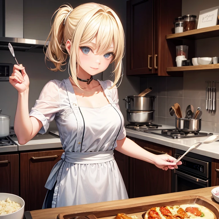 A cute blonde young woman with dark eyes is cooking something delicious in the kitchen. Alles in einem Cartoon Style