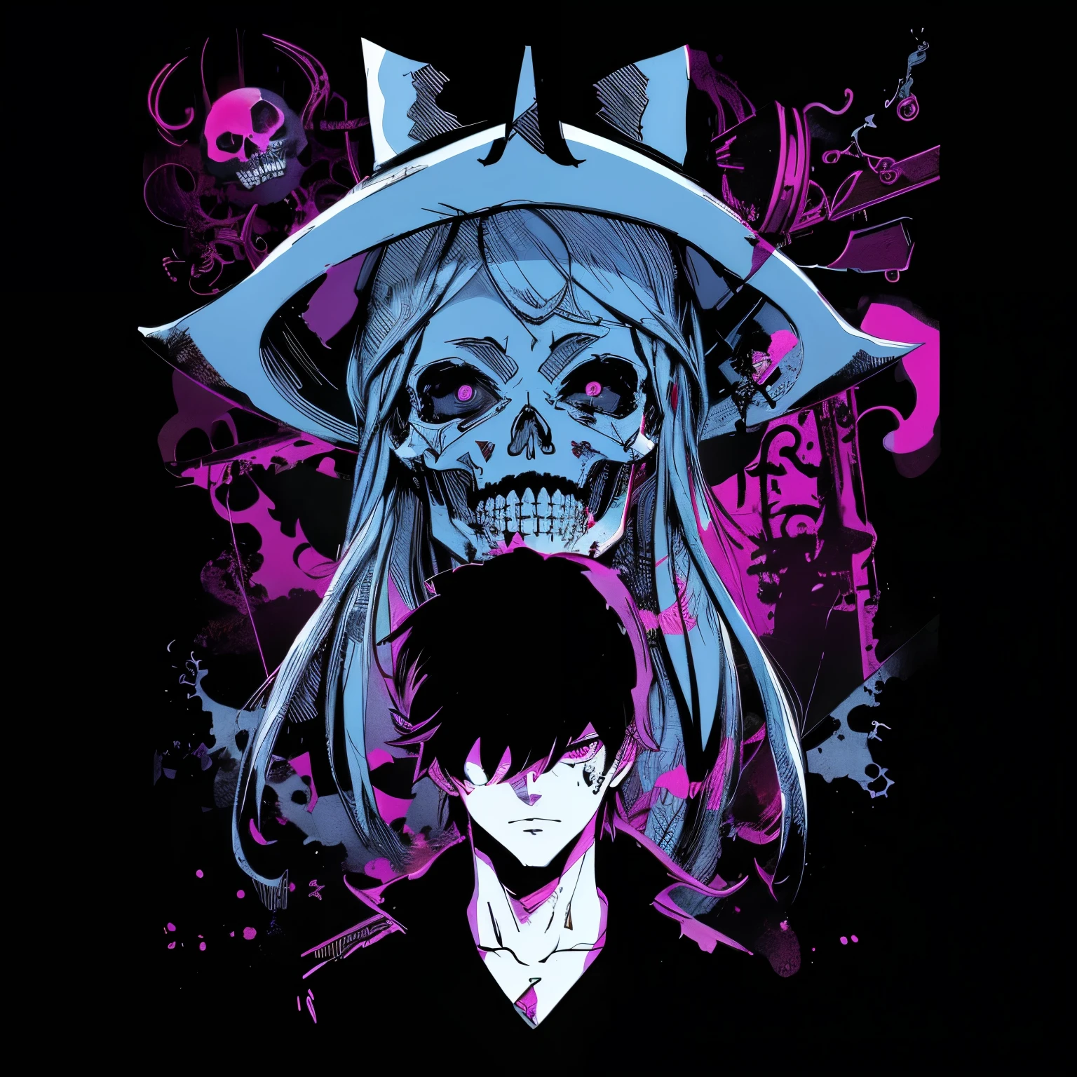 anime wallpapers with a skull and a man with a hat, epic anime style, trigger anime artstyle, arcane art style, badass anime 8 k, arcane style!!!!!, anime style 4 k, junji ito 4 k, anime graphic illustration, anime art wallpaper 8 k, in style of cytus and deemo, style of madhouse anime, skeleton head around face, aura around face, lighting around, ink splatter