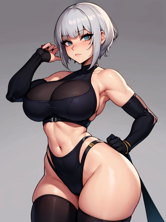 gray hair, asymmetricalbangs, side boob, emphasize the navel, shake your hips, Futanari,