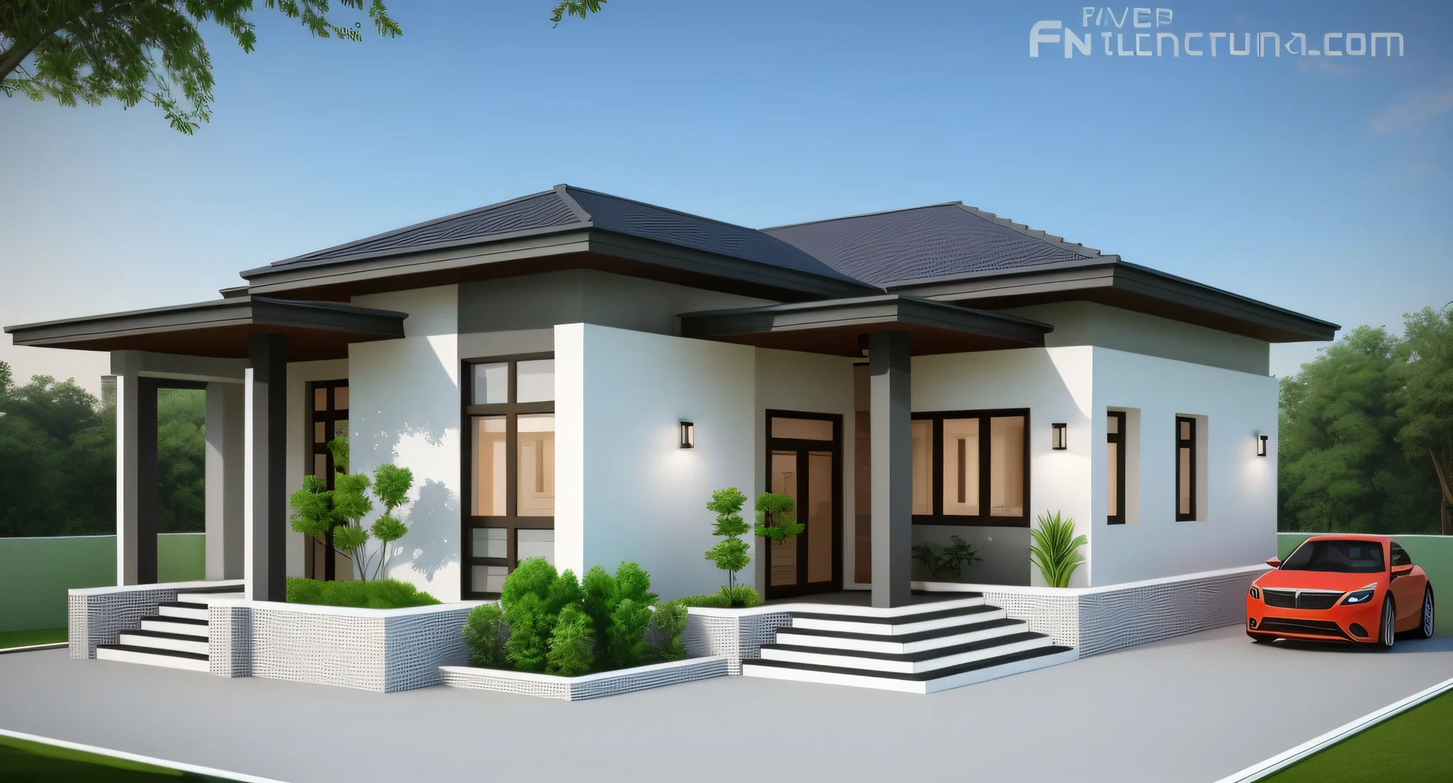 a rendering of a small house with a car parked in front of it, overall architectural design, inter dimensional villa, exterior design, frontview, architectural concept, residential design, front elevation view, front view, concept house, elevation view, contemporary house, architectural concepts, front side view, architectural rendering, with 3d render, with 3 d render, complete house