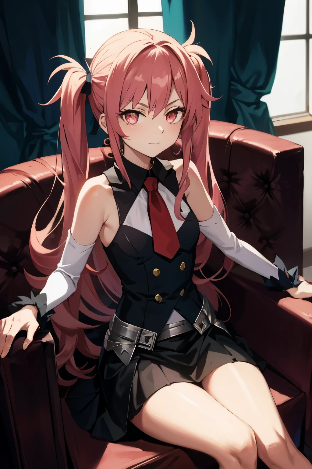 In the enchanting world of Fate/kaleid liner Prisma Illya S2, Ariel and Nero, two captivating characters, are depicted with exquisite detail.
Ariel, a beautiful magus with long auburn hair and a determined gaze, is shown casually seated on a plush armchair. She wears her familiar , with a touch of pink added to her skirt, adding a playful allure. Her random hair colorful strands complement her soft smile and smug expression.
Nero, the charismatic and powerful servant, sits beside Ariel, his ubiquitous sword at his side. His twin tails,