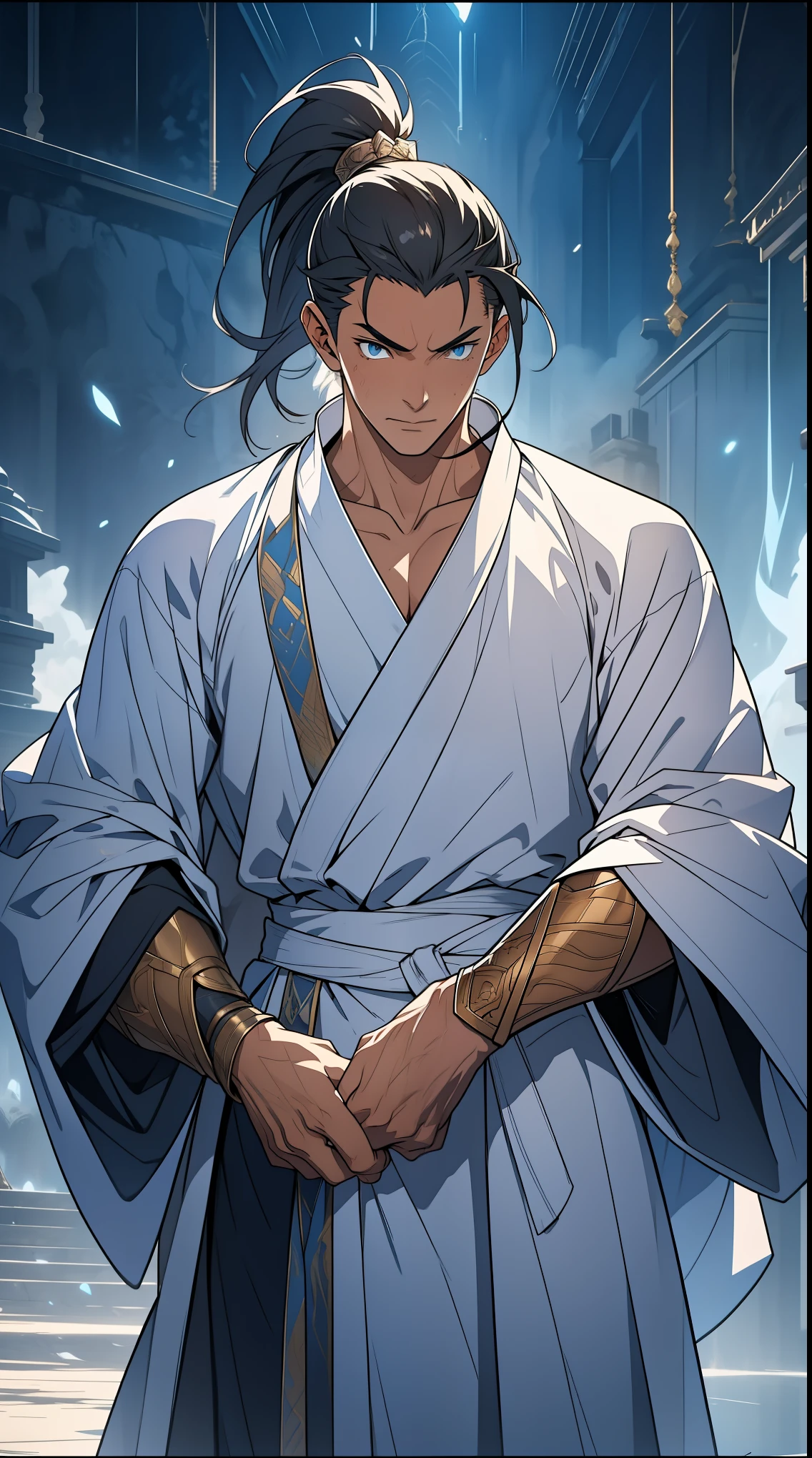 Two dimensions,anime style,one person(male warrior),proportions are correct,facial details,swordsman,high ponytail hairstyle,neck detail,Have an Adam's apple,White robe,joke,white robe,clothing details,transfer,long sleeves,Game quality,fencing,Ray tracing,Ray tracing,Detailed glow,CG rendering,hair details,long white hair,blue eyes,Handsome,Handsome,(Youthful feeling),Clothing is complicated,Perfect composition,refine,high quality,higher details,many details,Complex background,a sense of atmosphere,