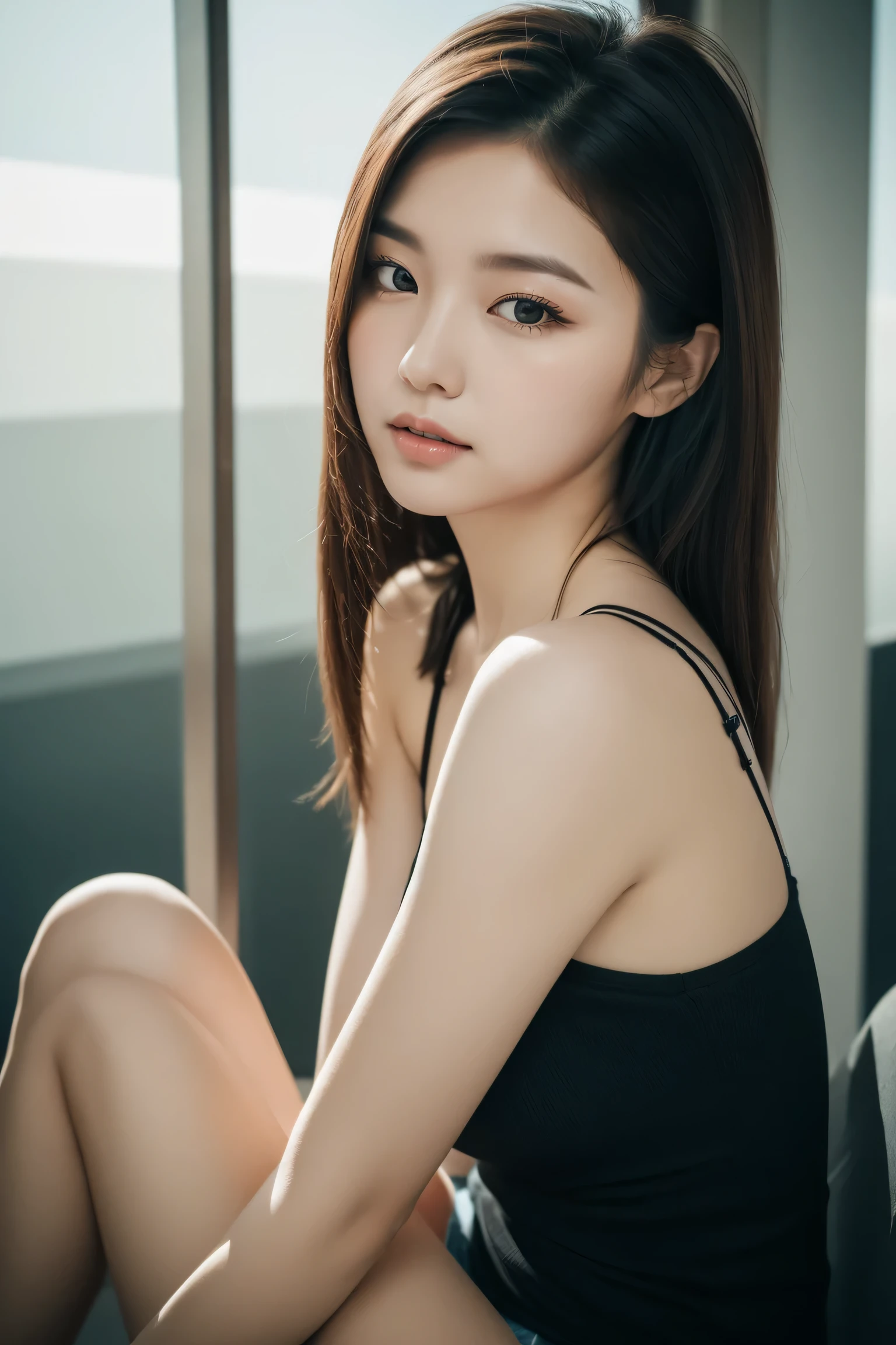 ((top quality, 8k, masterpiece: 1.3)), beauty, 1 girl, beautiful: 1.3, slender abs: 1.1, dark brown hair, (kneeling on the floor, legs open: 1.2), ultra detailed face, highly detailed lips, detailed eyes, double eyelids
