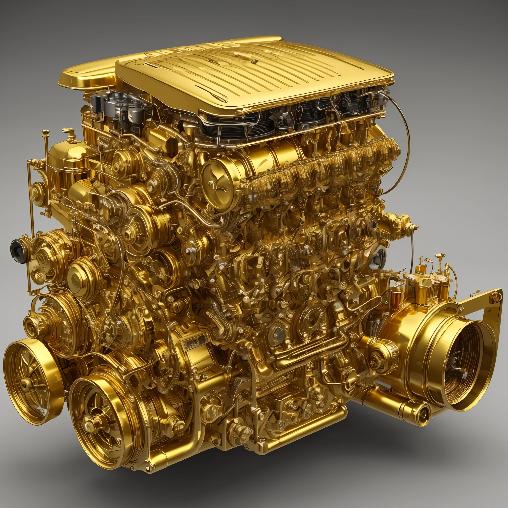 In this meticulously crafted image, the golden classic car engine cylinders come alive under the scrutinizing gaze of a professional camera lens. Every intricate detail is captured with stunning clarity, revealing the complex machinations that power the high-performance engine. The 3D render, with its ultra-realistic textures and vibrant hues, breathes life into the golden oil, making it seem as if it's pulsating and almost bursting out of the frame. The technical precision on display here is a testament to the artist's mastery of their craft, showcasing a level of artistry and detail that is sure to leave viewers in awe. The scene is rendered in crisp