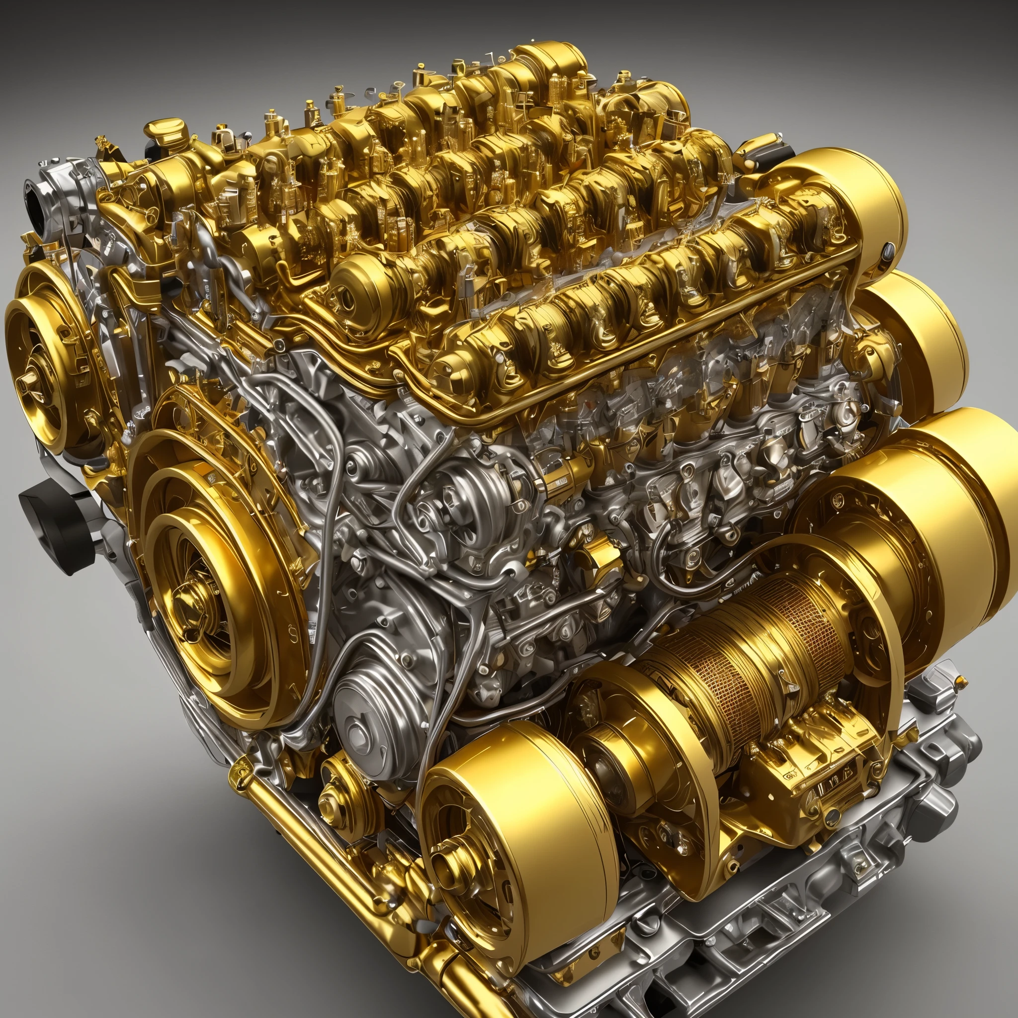 In this meticulously crafted image, the golden classic car engine cylinders come alive under the scrutinizing gaze of a professional camera lens. Every intricate detail is captured with stunning clarity, revealing the complex machinations that power the high-performance engine. The 3D render, with its ultra-realistic textures and vibrant hues, breathes life into the golden oil, making it seem as if it's pulsating and almost bursting out of the frame. The technical precision on display here is a testament to the artist's mastery of their craft, showcasing a level of artistry and detail that is sure to leave viewers in awe. The scene is rendered in crisp