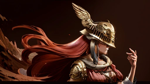 (chef-d'artwork, superior quality, best quality, art officiel, beau and aesthetic:1.2), (1fille), Extremely detailed,(Art fractal:1.3),colored,the most detailed, right hand prosthesis),Winged helmet,yeux couverts,(sang,Red River),profil de page,beau