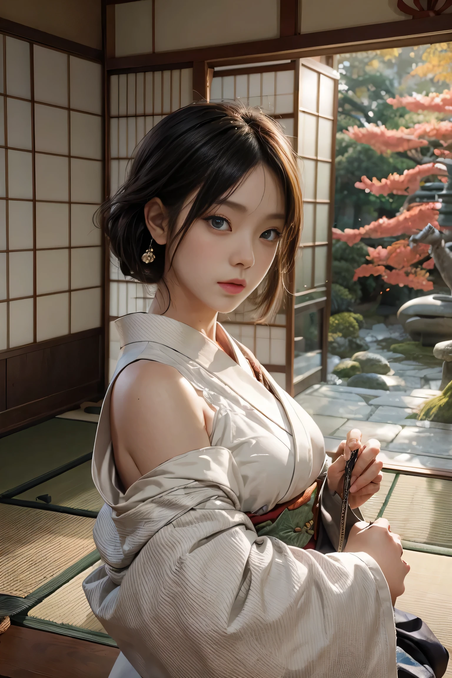 (table top:1.photorealistic stick:1.4, 8K), highest quality, masterpiece, Super high resolution, professional camera work, Cultivate the effect of light, realistic portrait, cinematic light, Highly detailed skin and facial textures:1.3, super detailed, detailed eye, Detail of limbs, perfect dynamic diagram, (Japanese-style room overlooking the autumn Japanese garden, formal hanging scroll:1.2, Traditional culture:1.5), 1 girl, 25 years old, cute sexy japanese slim woman, Fair skin, (Enchanted expression:0.9, completely enchants you:1.0), (Silver kimono:1.32 off shoulder), (plump breasts:0.9), (buckshot, Calm pose), (beautiful blue eyes, Eyes that feel beautiful eros:0.85), sexy face:0.4, (A taste that gives you a beautiful sense of eroticism:0.85), ((Too cute beauty:0.9))