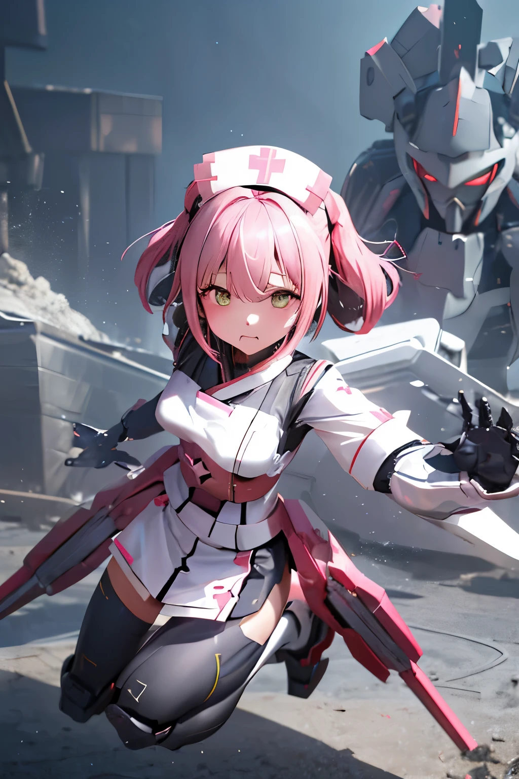 (highest quality)), ((masterpiece)), (very detailed: 1.3), 3D, (wear nurse uniform under armor:1.3), 1 girl, (She is fused with futuristic Gundam mecha:1.3), with headgear, add v-fin to the forehead, armored shoulders,armored under arms, armored under legs, 2 long range railguns attached on back, multilayer textureperfect proportions, octane rendering, duotone lighting, Low ISO, wide aperture, White balance, Rule of thirds, ultra HD16k, HDR (High Dynamic Range), Ray Tracing, NVIDIA RTX, Super Resolution, Subsurface Scattering, PBR Texturing, Post Processing, Anisotropic Filtering, Depth of Field, Maximum Clarity and Clarity, High efficiency subpixel, subpixel convolution, particles of light, light scattered, Tyndall effect, full body:1.5, battle pose, cute, (cute:1.2), (セミロング:1.3),三つ編み, 黒髪, 太い眉毛, 薄い色の虹彩, 大きくて輝いている黒い瞳, 長いまつげ, 小さく薄い色の自然な唇, (Average face of Japanese idols), (日本人特有の童顔:1.3), (baby face), 広いおでこ:1.2, ふっくらした頬, 小さな顎, visible side boob, looking at viewer,Focus on the eyes, (完璧な4本の指, 親指1本),