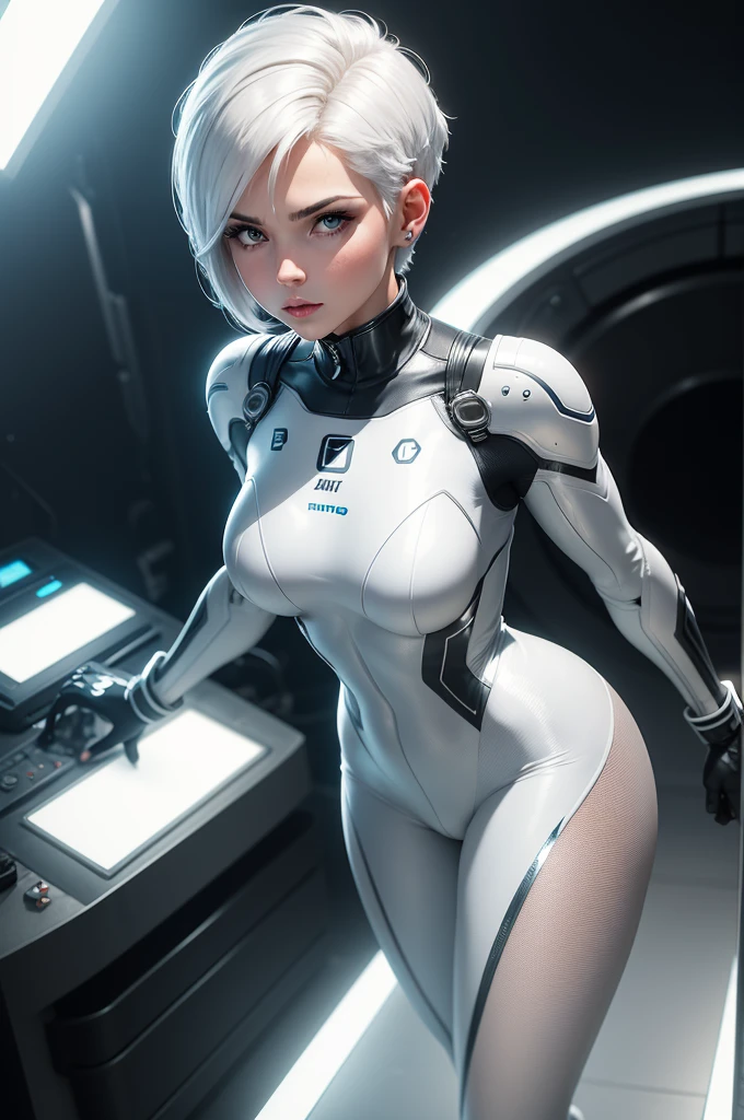 (best quality,8k:1.2,high resolution:1.2),ultra-detalhado,Realistic,retro science fiction female superhero,white short hair,rosto extremamente detalhados,long eyelashes,shiny metalic chrome catsuit, Apertado,pantyhose,gloves,Physically-based rendering,foco nítido,white studio lighting