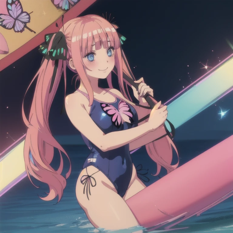 best quality, very aesthetic, Super detailed, best illustration, 1girl, one-piece swimsuit, bangs, pink_hair, blunt_bangs, hair_ornament, butterfly_hair_ornament, ribbon, black_ribbon, blue_eyes, blush, hair_ribbon, twintails, long_hair, nino, full_body, smile