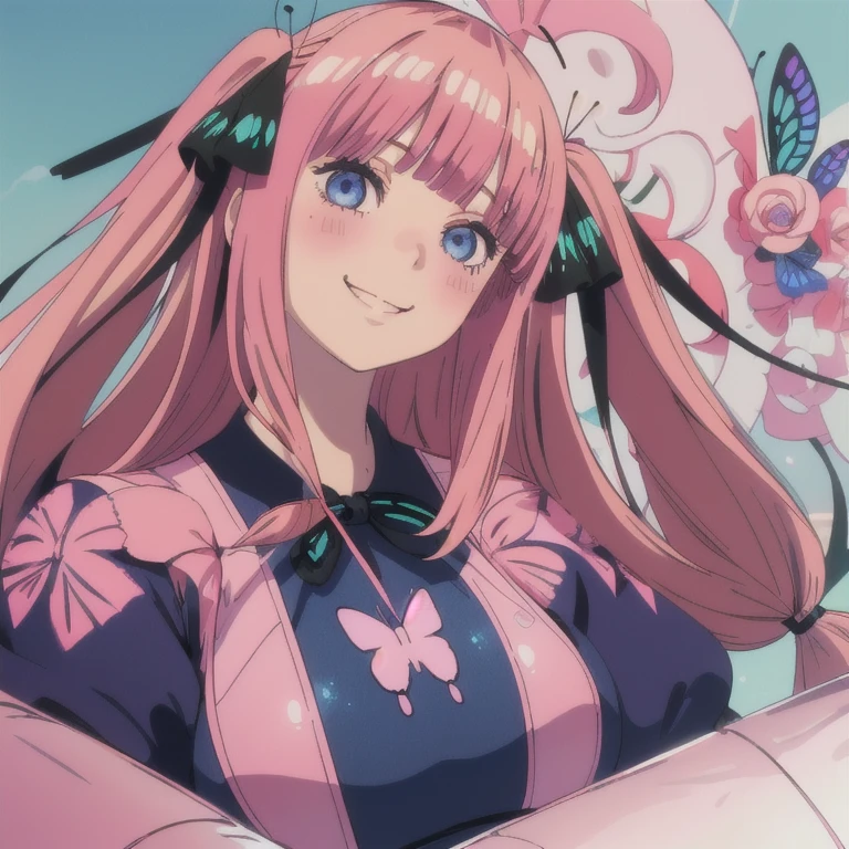 best quality, very aesthetic, Super detailed, best illustration, 1girl, one-piece swimsuit, bangs, pink_hair, blunt_bangs, hair_ornament, butterfly_hair_ornament, ribbon, black_ribbon, blue_eyes, blush, hair_ribbon, twintails, long_hair, nino, full_body, smile