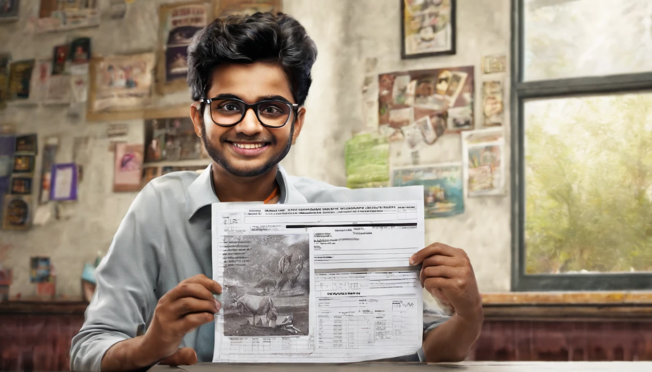 Happy indian student showing his excellent result marksheet