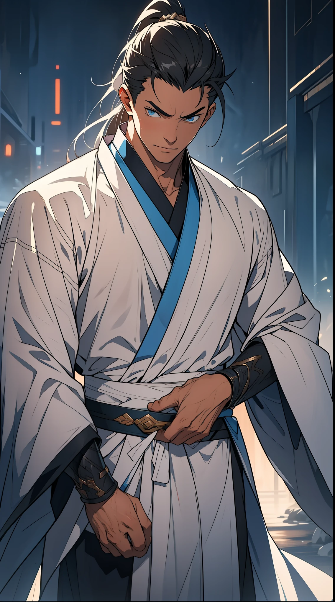 Two dimensions,anime style,one person(male warrior),proportions are correct,facial details,swordsman,high ponytail hairstyle,neck detail,Have an Adam's apple,White robe,joke,white robe,clothing details,transfer,long sleeves,Game quality,fencing,Ray tracing,Ray tracing,Detailed glow,CG rendering,hair details,long white hair,blue eyes,Handsome,Handsome,(Youthful feeling),Clothing is complicated,Perfect composition,refine,high quality,higher details,many details,Complex background,a sense of atmosphere,