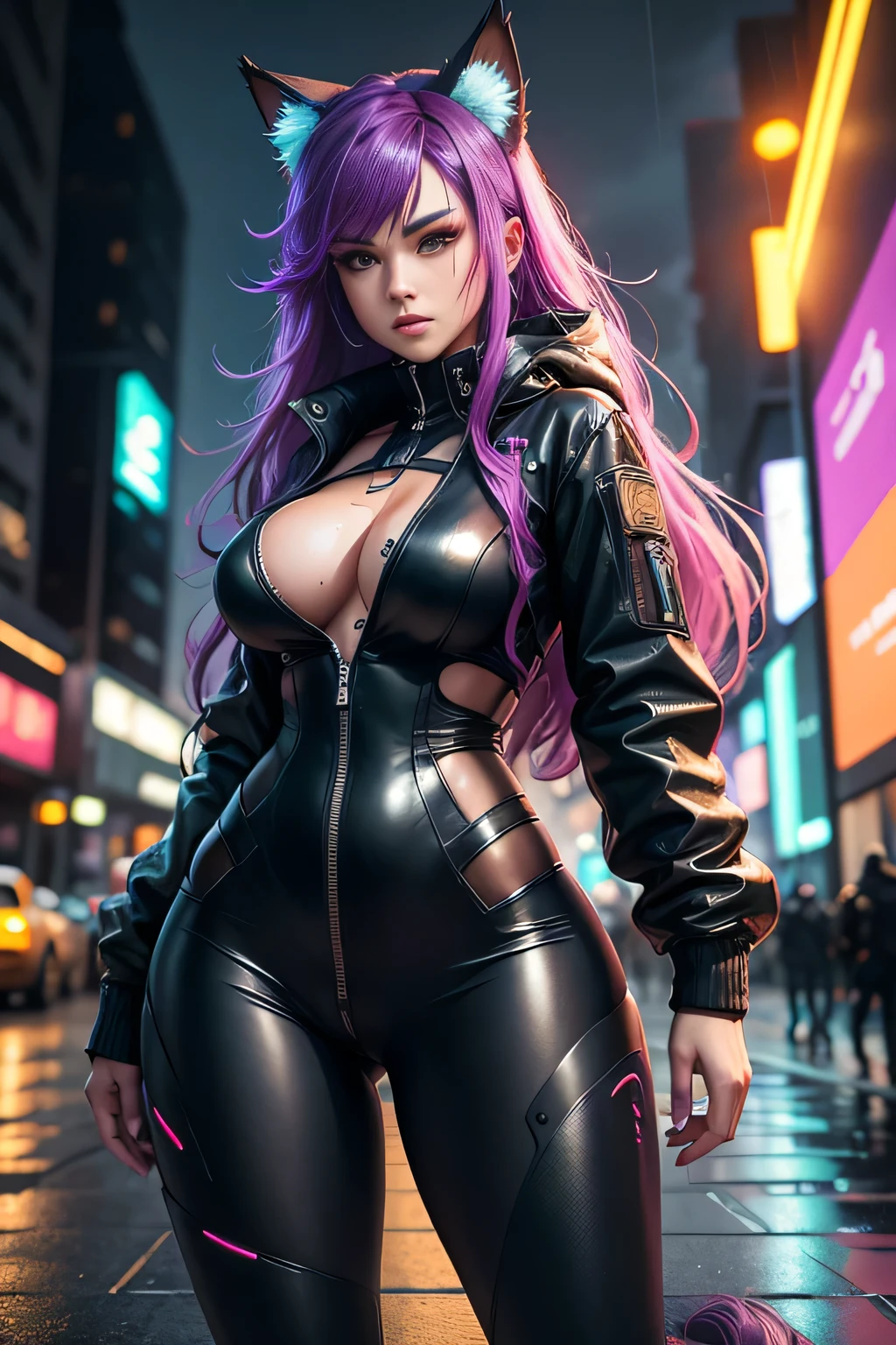 Cyberpunk neko catgirl with cyberpunk prosthetics, orejas de gato, Technological jacket, pechos grandes, pelo largo, ((dynamic pose)), Fondo de calles de la ciudad cyberpunk mojado lluvioso, estilo futurista, Science fiction, hiper detallado, fotorrealismo, hiperrealismo, Cuadro, 8k, High Definition, super resolution , cinematic lighting, long exposure, 8k, High Definition, super resolution, Photograph of the upper body.
